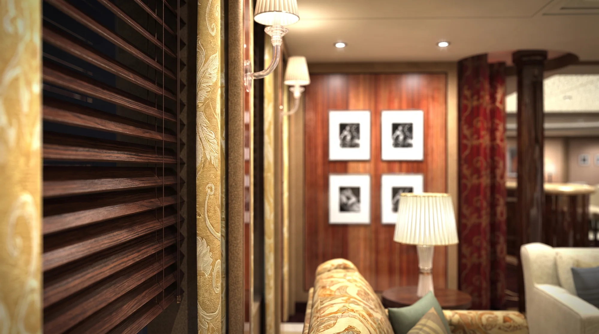 Lounge detail — wooden louvres, gold damask curtain, glass wall sconces and four framed prints on the panelling behind the sofa