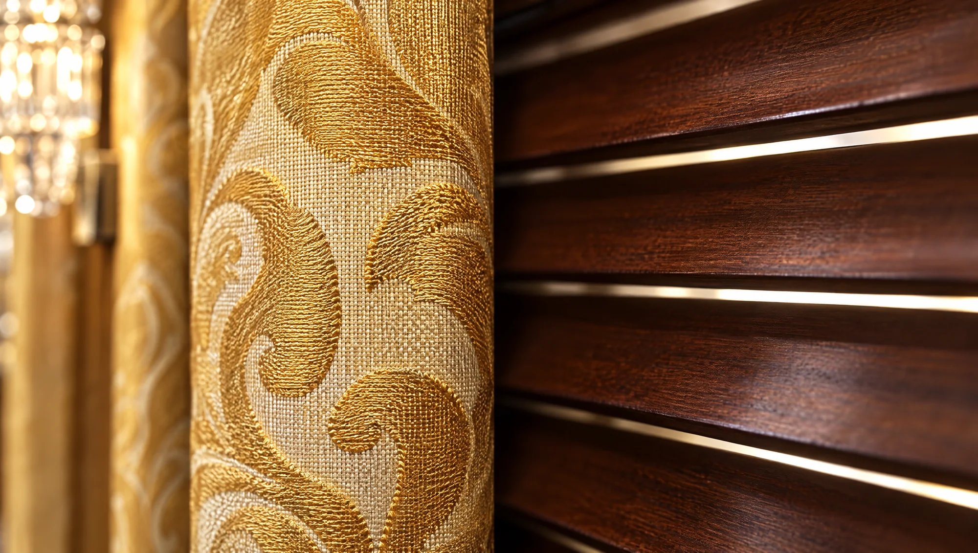 Close-up of the gold damask curtain against dark wooden louvres