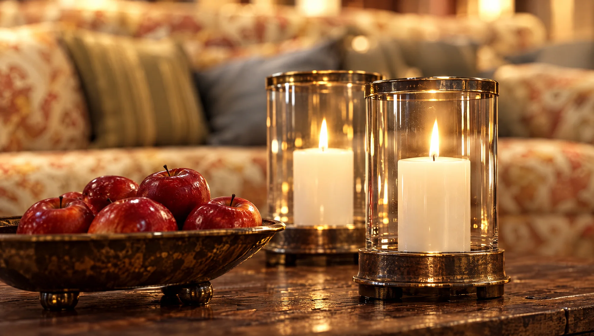 Coffee table with a bowl of red apples and two candles in glass hurricane lanterns, sofa out of focus behind