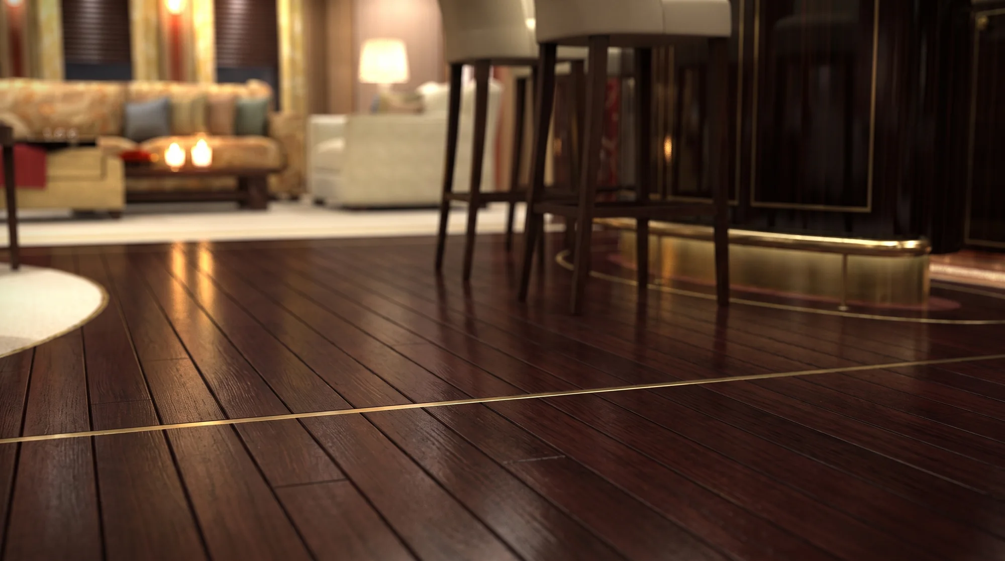 Low view across the dark wooden floor with brass inlay towards the bar stools and lounge