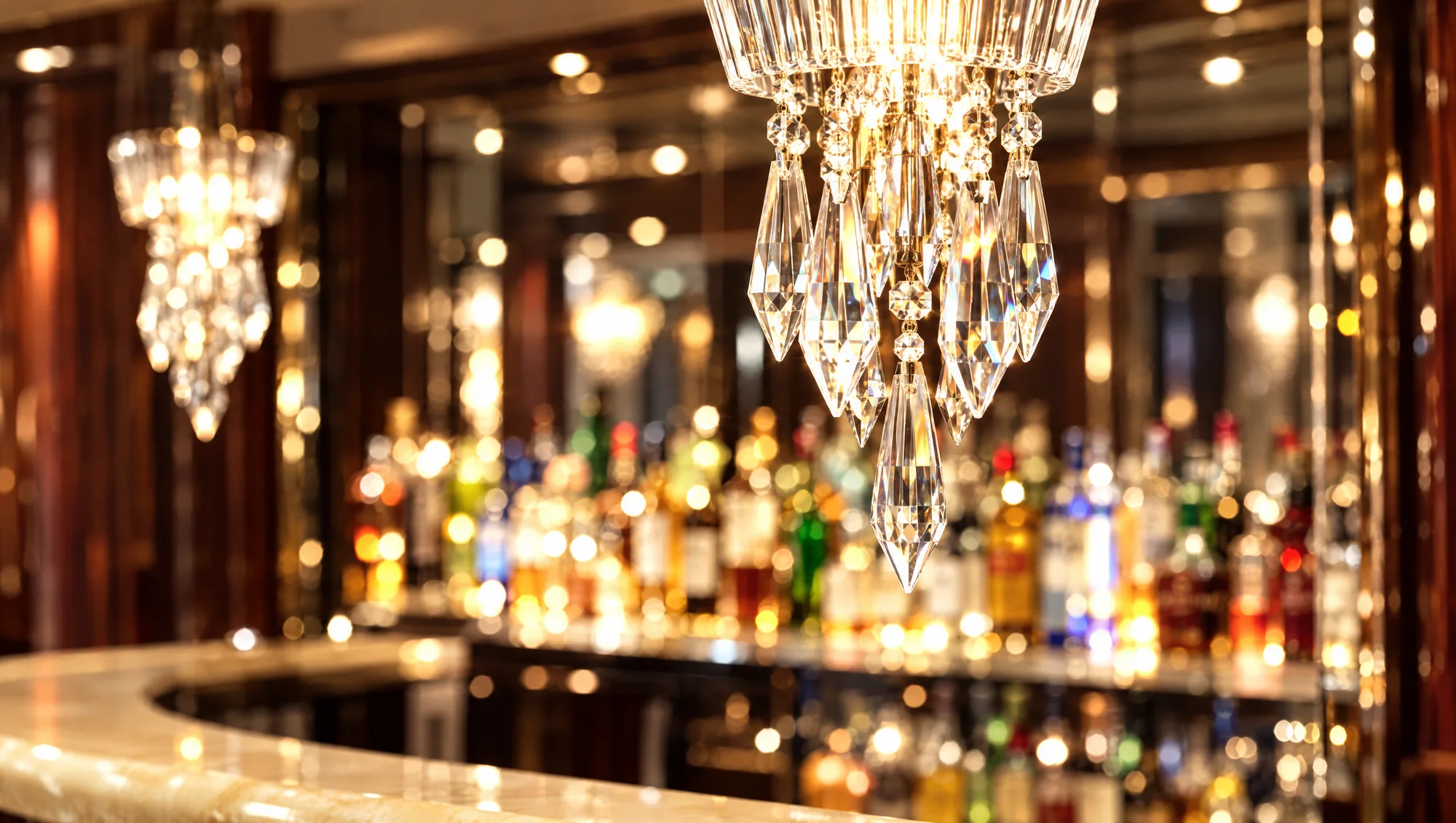 Crystal chandelier drops above the marble bar counter, bottles glowing behind