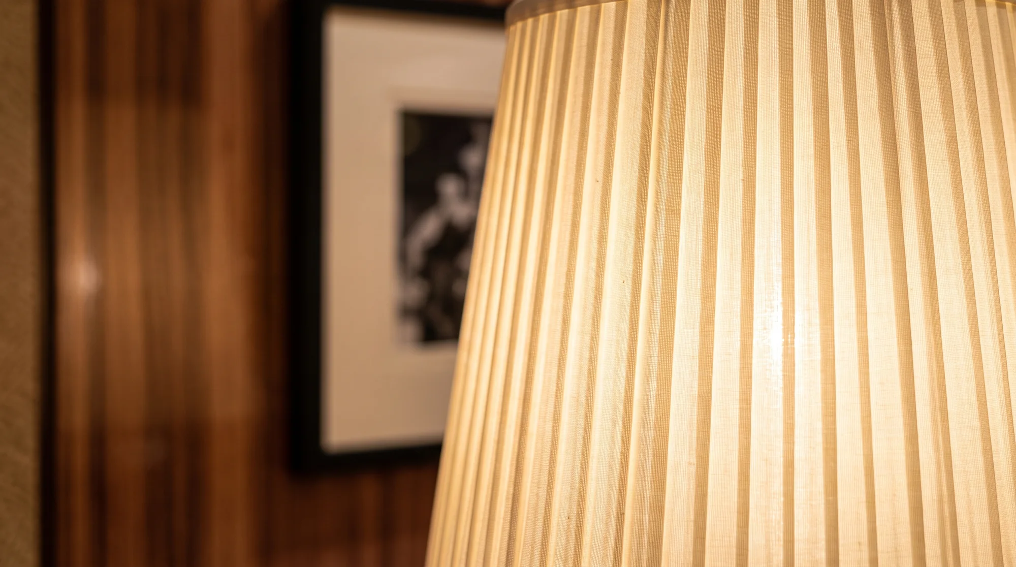 Pleated fabric lampshade in front of glossy wood panelling and a framed print