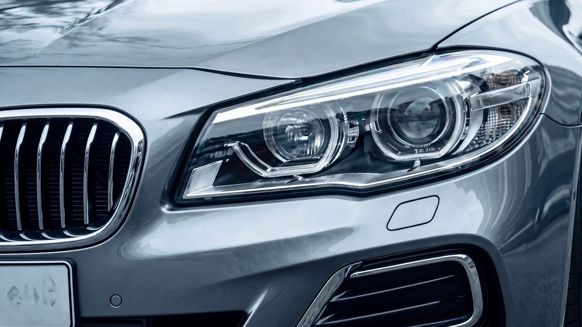 A close-up of a car headlight, with garbled AI-generated artefacts smeared across the number plate
