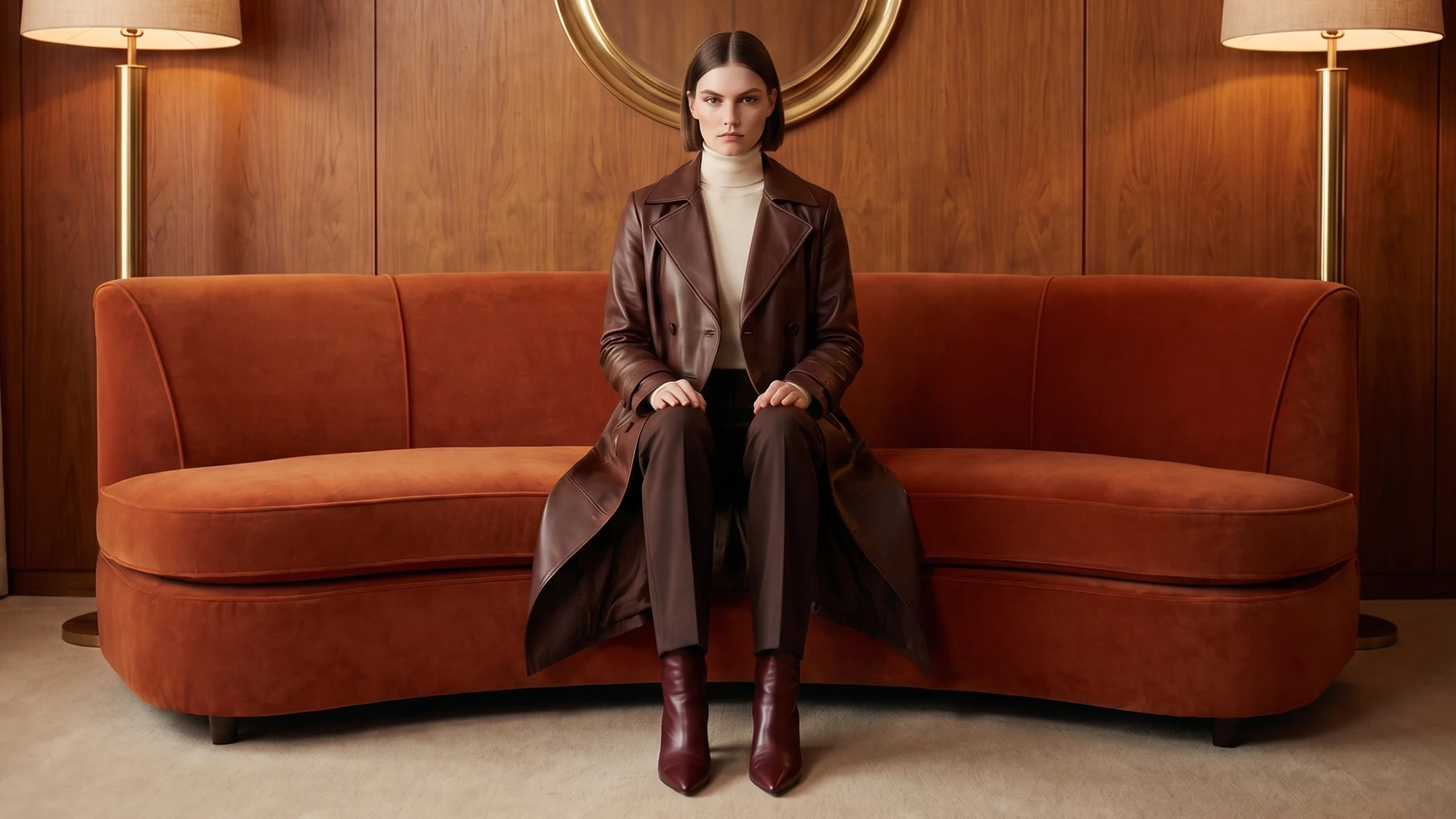 A woman with a sleek bob sits upright on a curved rust velvet sofa in a walnut-panelled lounge, wearing a brown leather coat