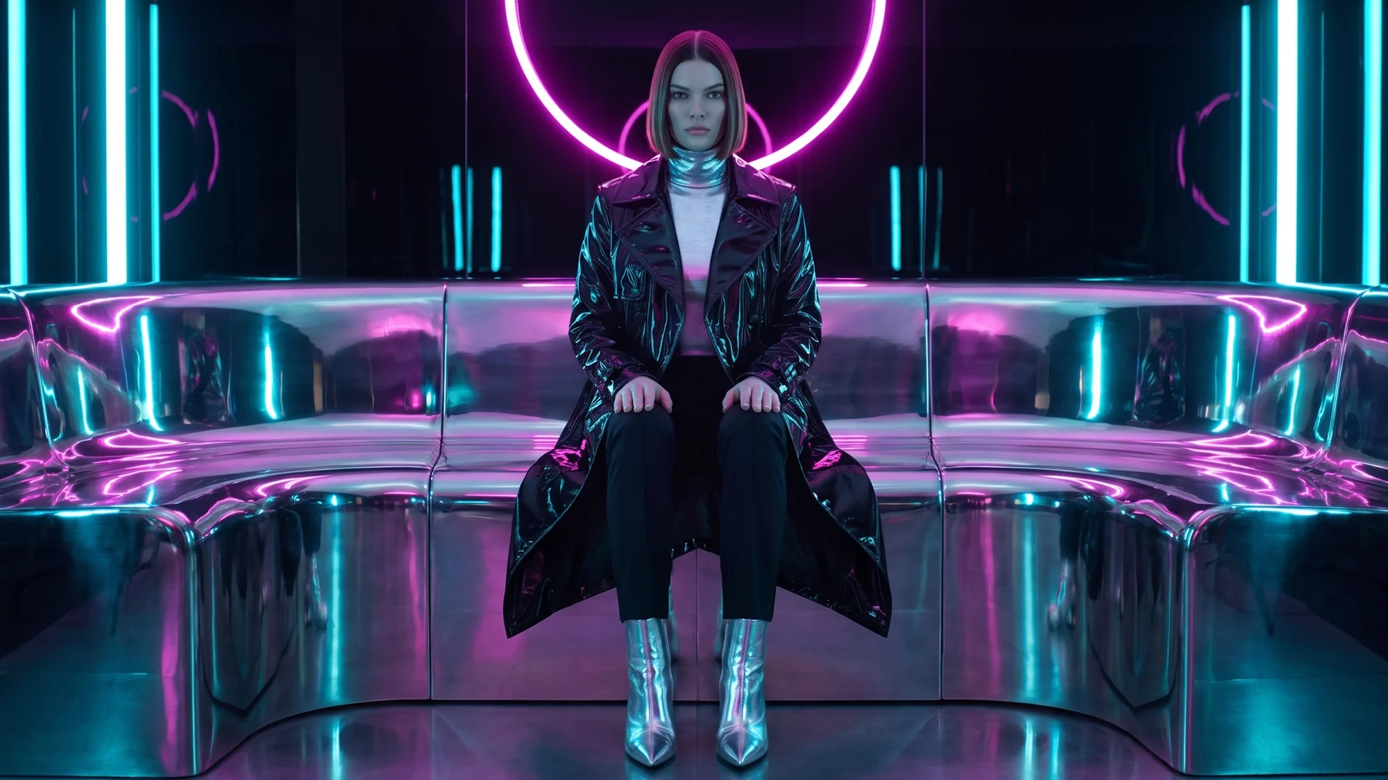 The same woman in the same pose on a chrome bench in a neon-lit club, wearing a black patent coat and silver boots