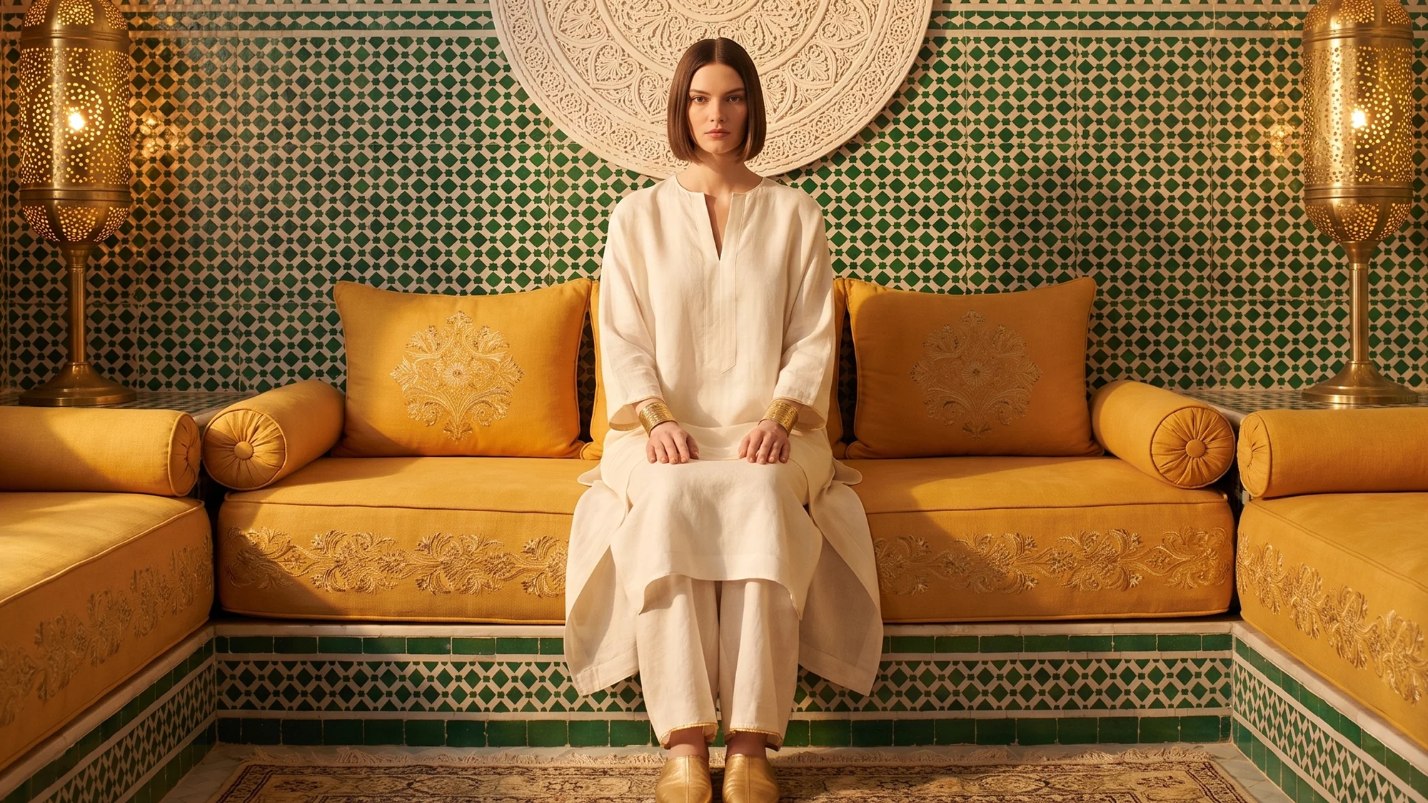The same woman in the same pose on a saffron banquette in a tiled Moroccan riad, wearing a white linen kaftan