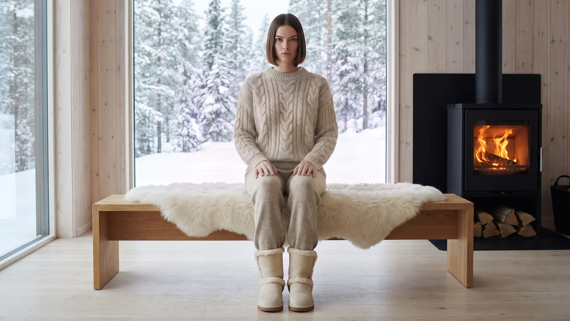 The same woman in the same pose on an oak bench in a snowbound cabin, wearing a cable-knit jumper and shearling boots