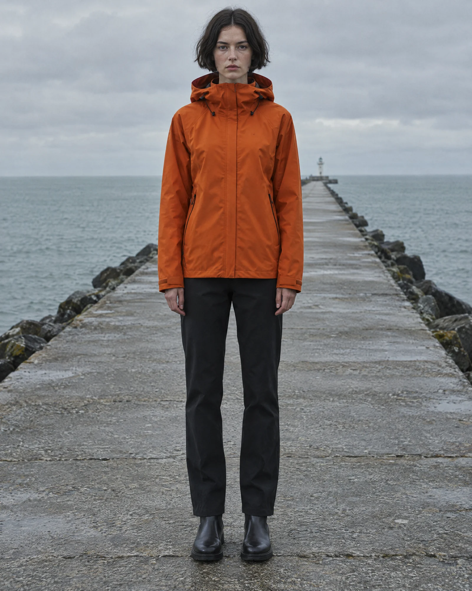 A woman in a burnt-orange rain jacket standing on a long concrete pier, tight vertical 4:5 frame