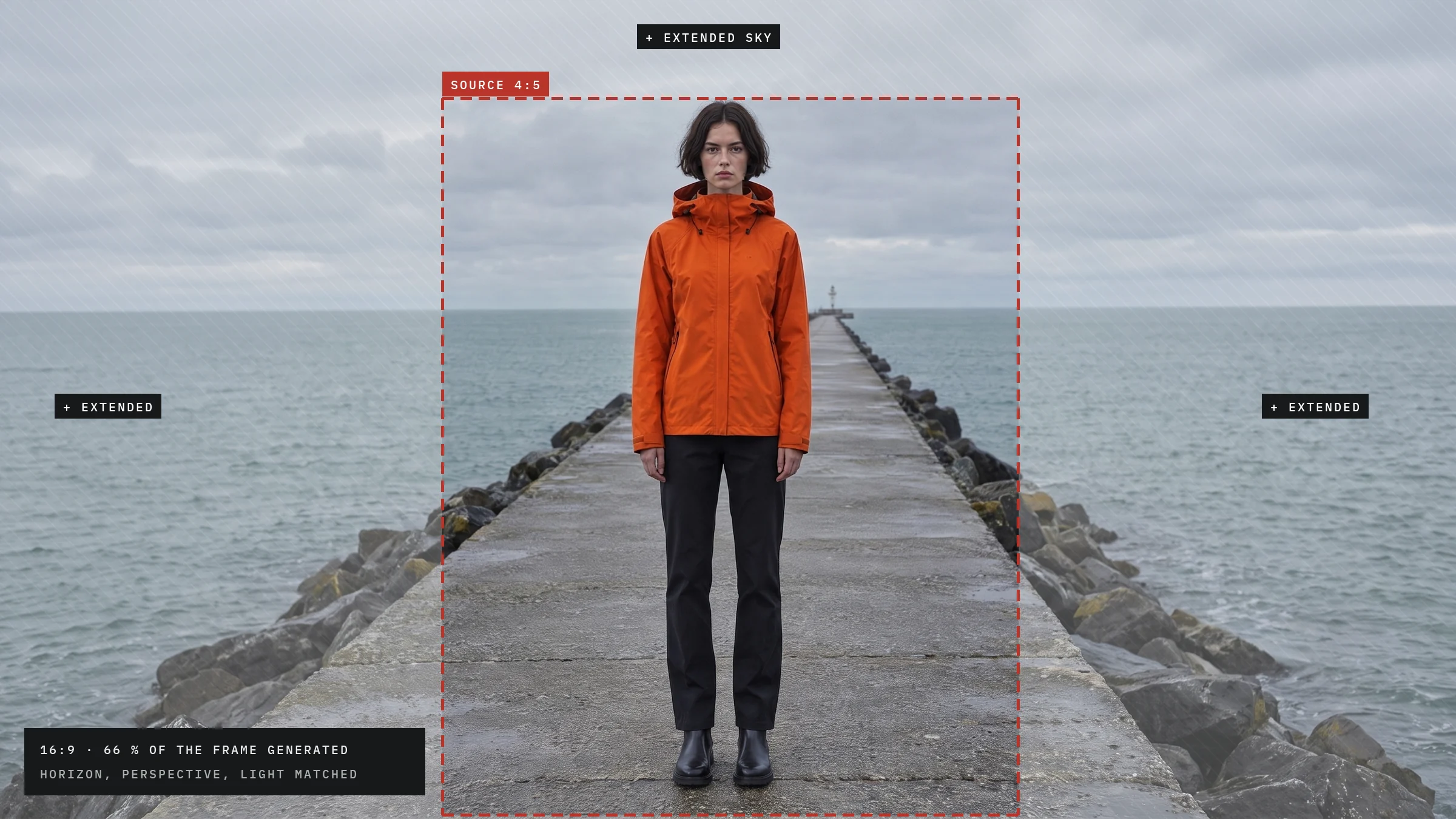 A woman in an orange rain jacket on a pier, the original 4:5 frame outlined in red and the extended sky and sea hatched