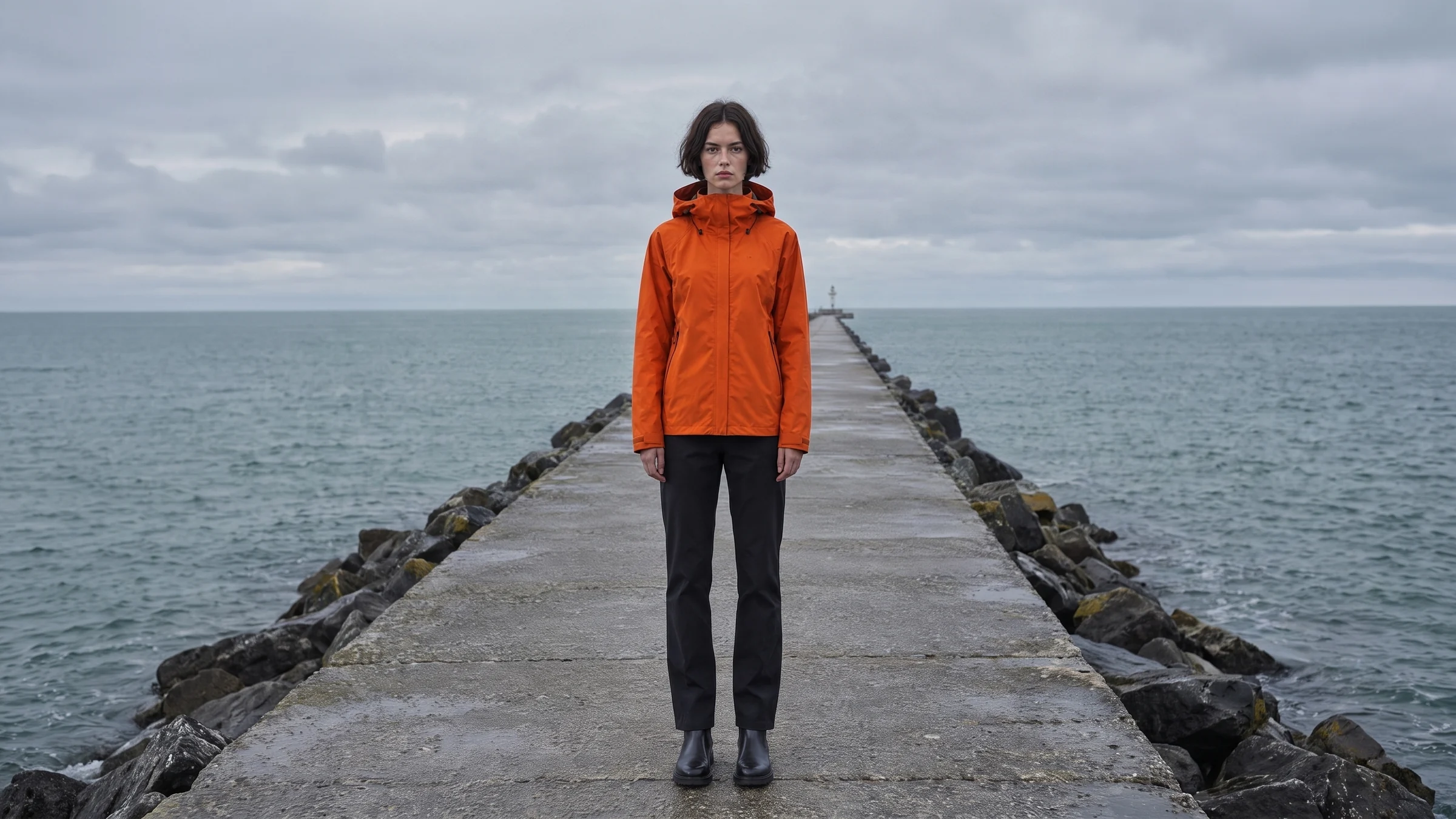 The finished 16:9 version: the woman on the pier with open sea on both sides