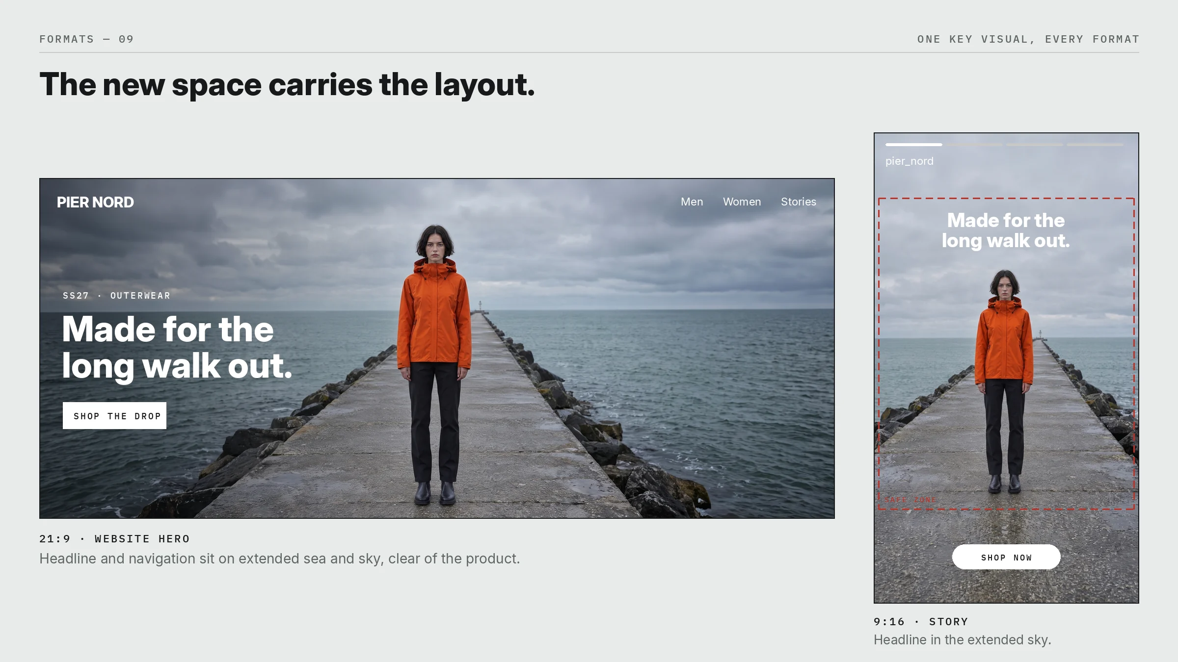 The 21:9 header and the 9:16 story laid out with headline, navigation and buttons in the extended areas