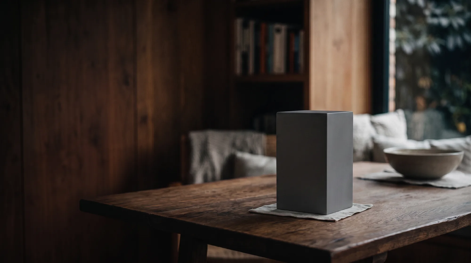 A plain grey placeholder box on a wooden table in a warm interior