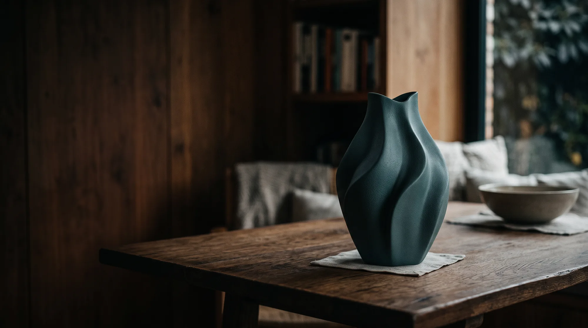 A dark sculptural vase on a wooden table in a warm interior