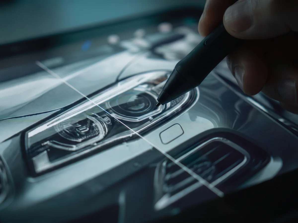A stylus retouching a car headlight on a pen display