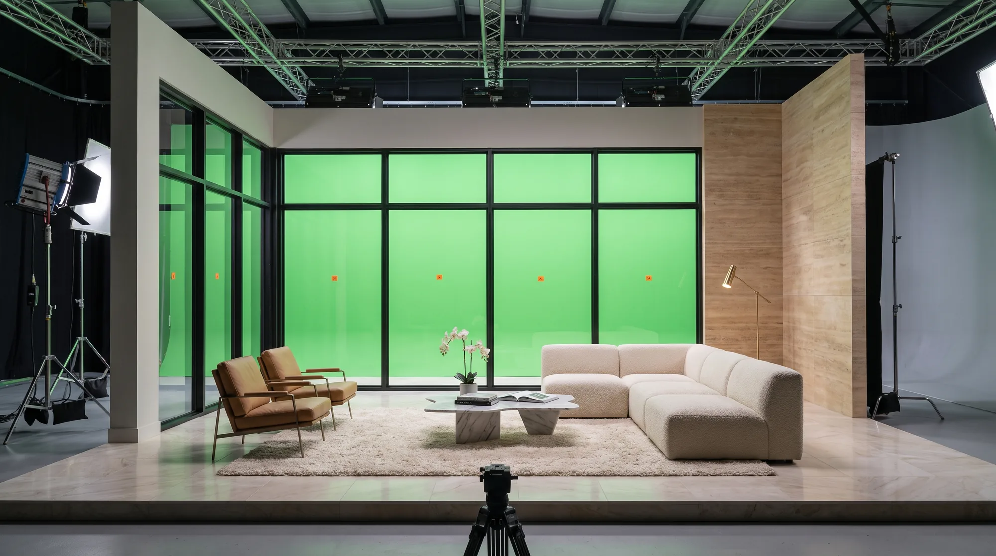 A film-studio set with a green screen behind a living-room scene