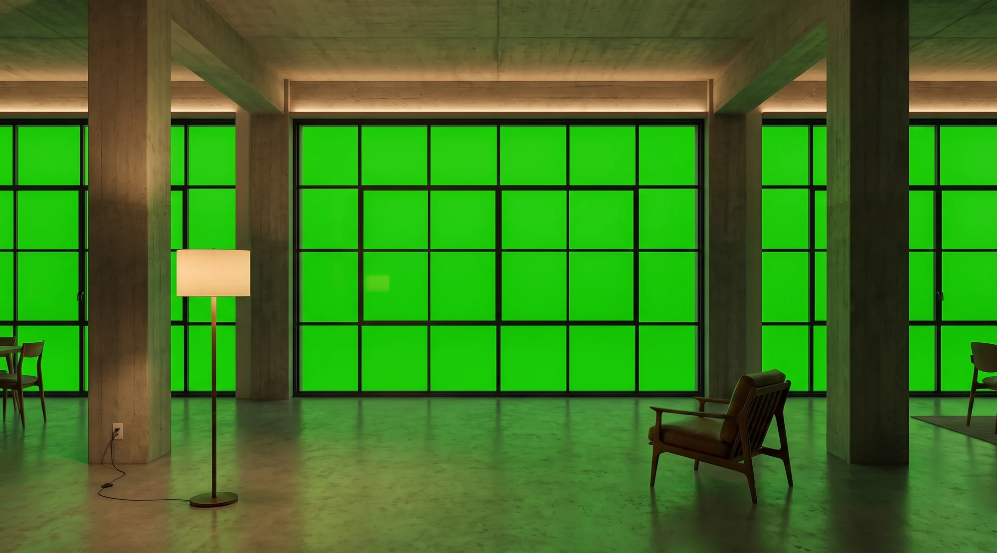 A living-room set built in front of a green-screen wall, ready for the skyline backdrop