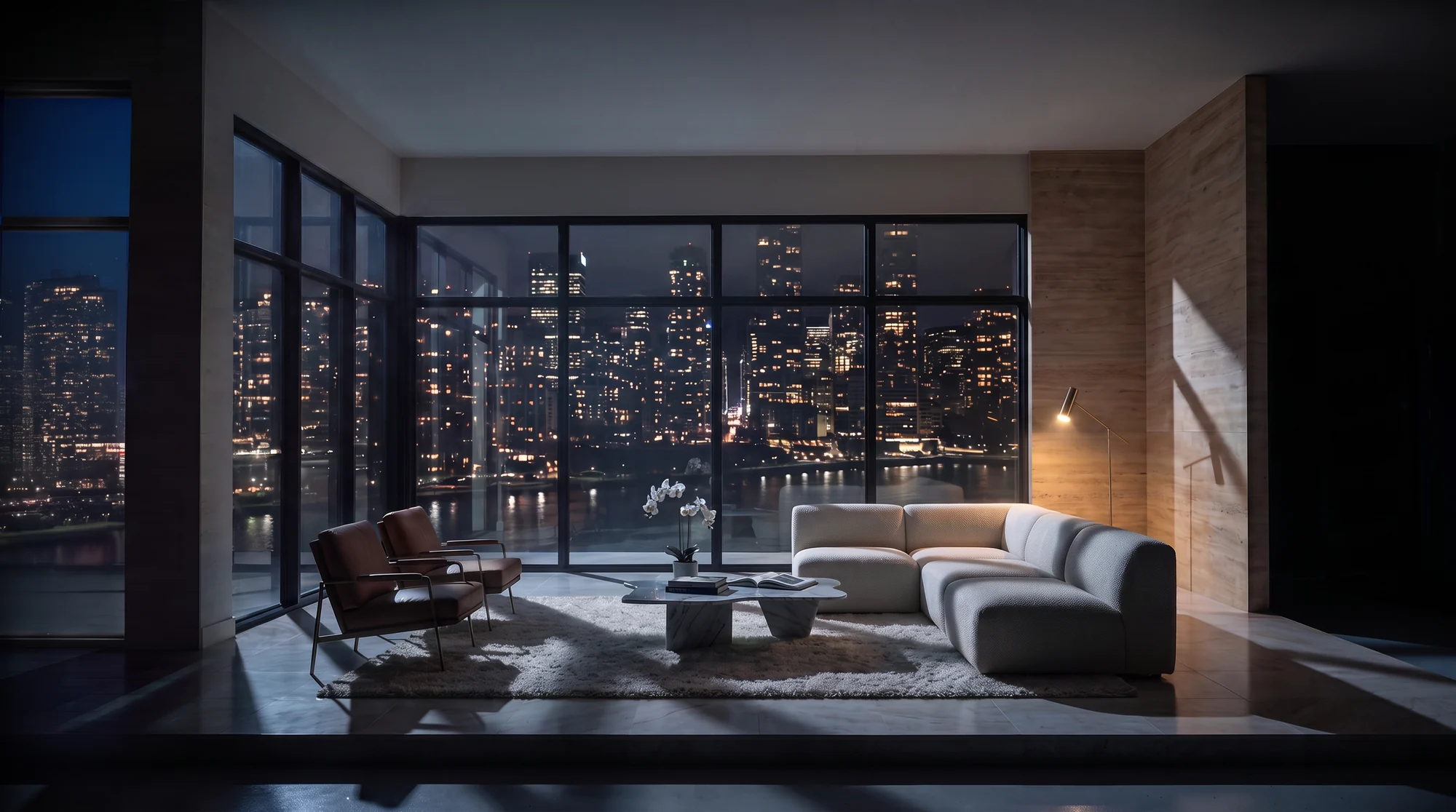 The same living-room scene at night, the set extended into a room with a waterfront city skyline behind the windows