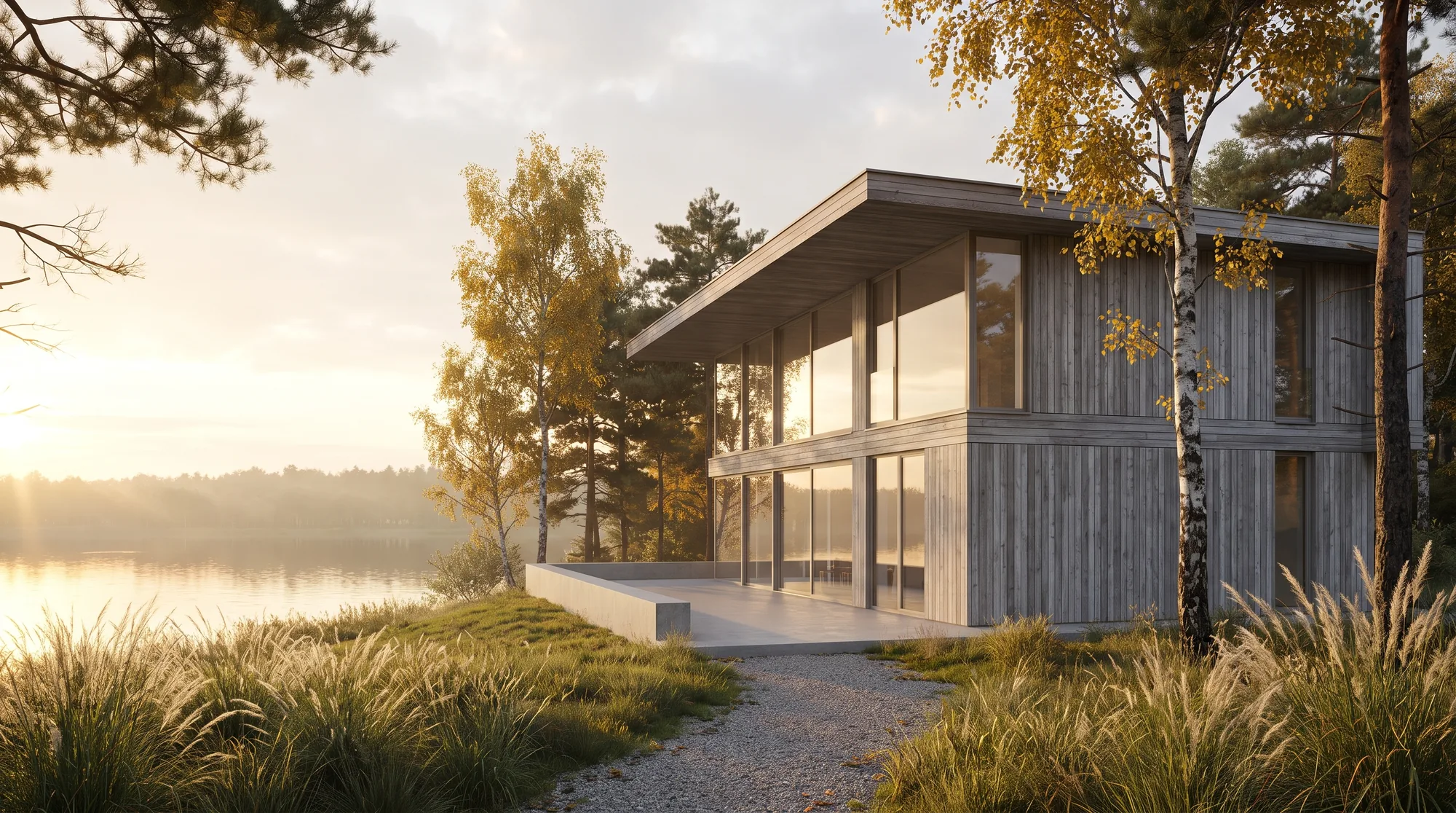 A timber-and-glass house above a lake in late afternoon light