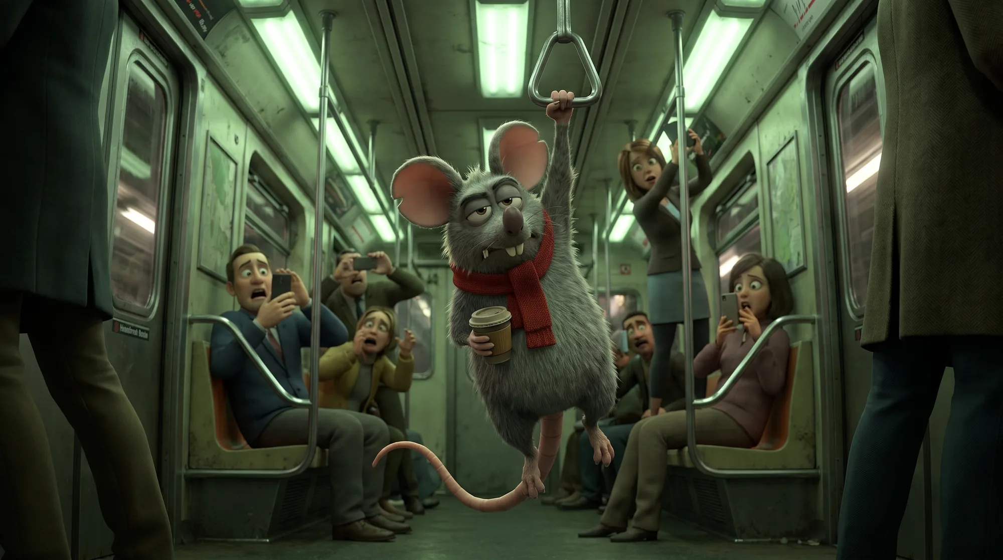A cartoon rat in a red scarf hanging from a subway handrail among startled passengers