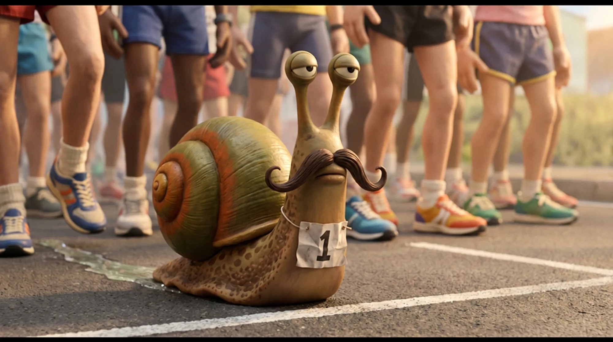 A moustached cartoon snail wearing race bib number 1 at the start line