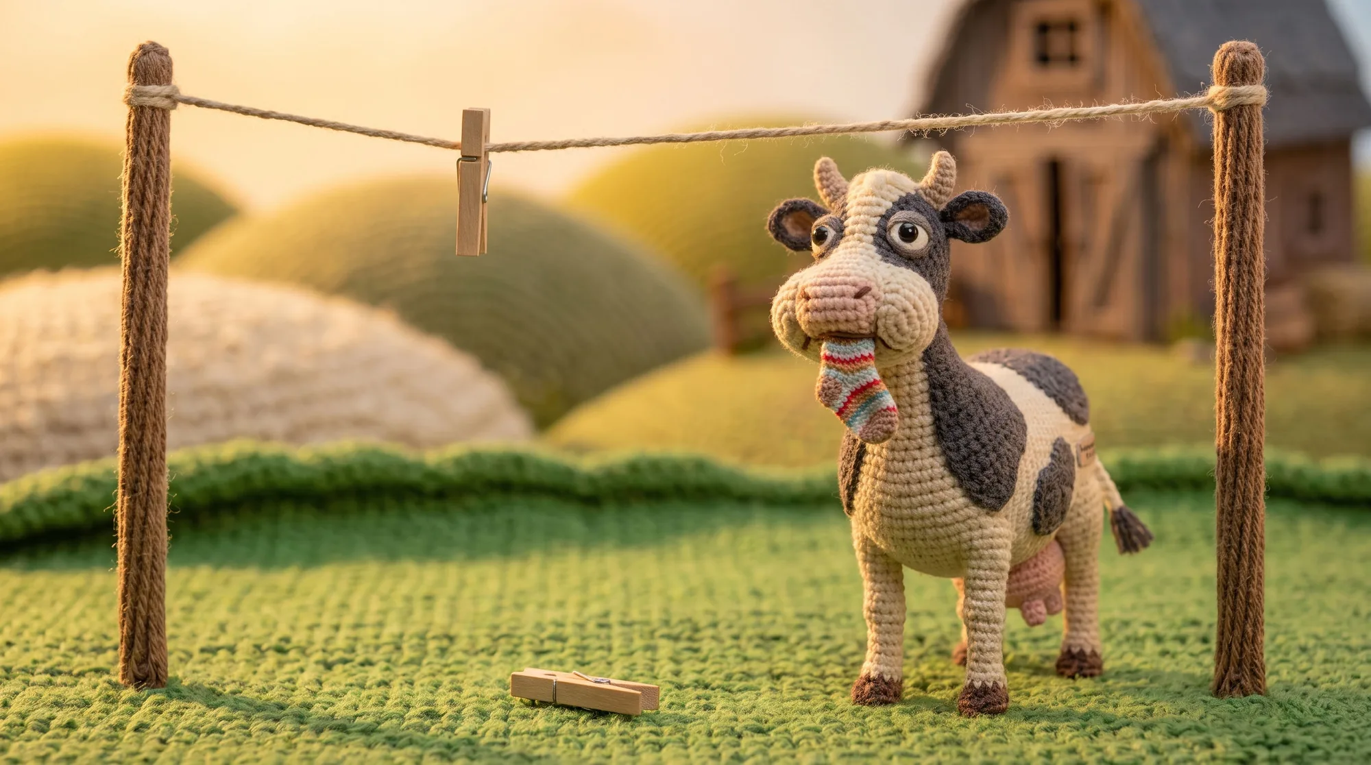 A crocheted cow holding a striped sock under a washing line