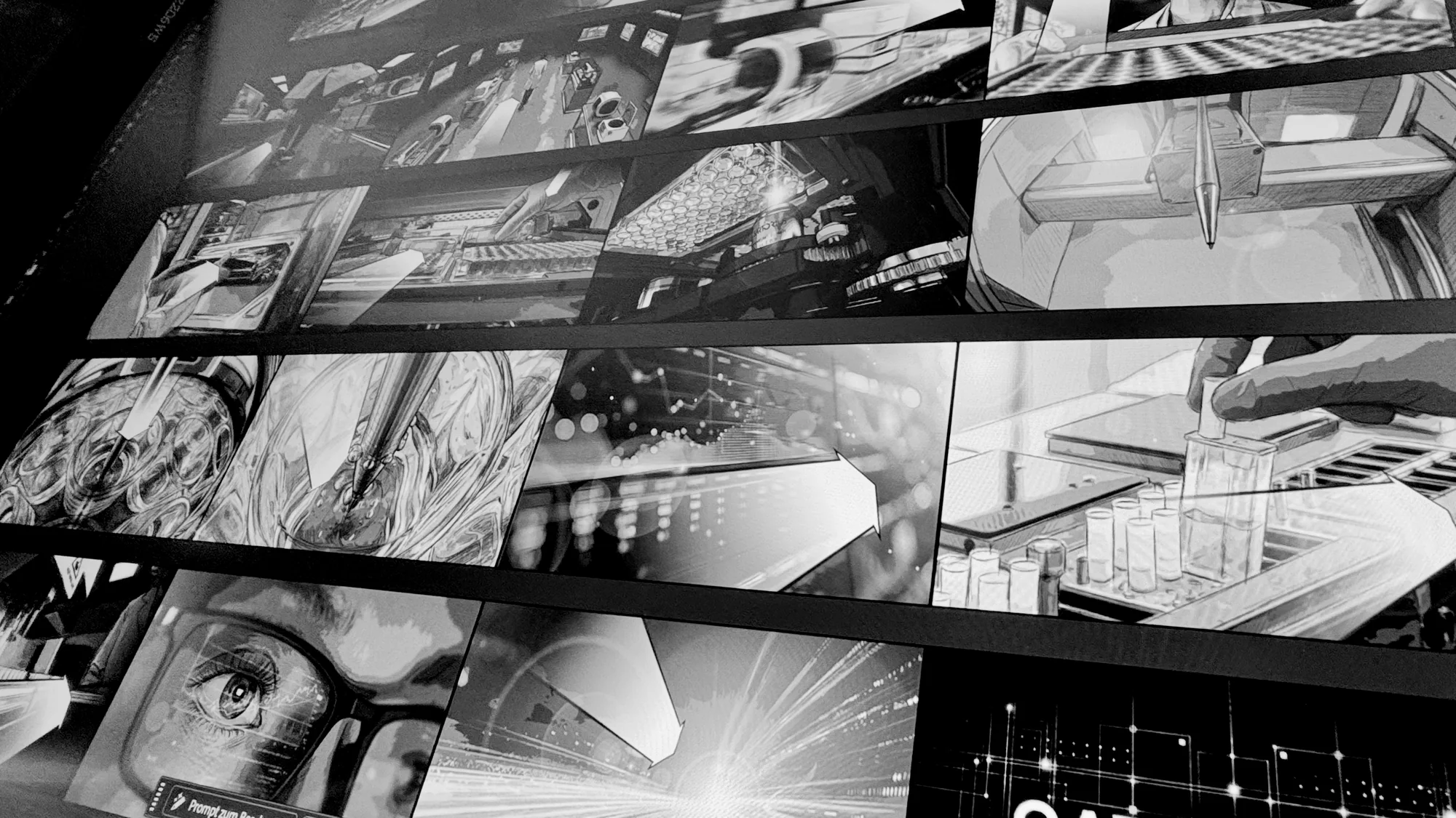 Black-and-white storyboard panels on a screen, seen at an angle: lab scenes, a pipette, test tubes, an eye behind glasses