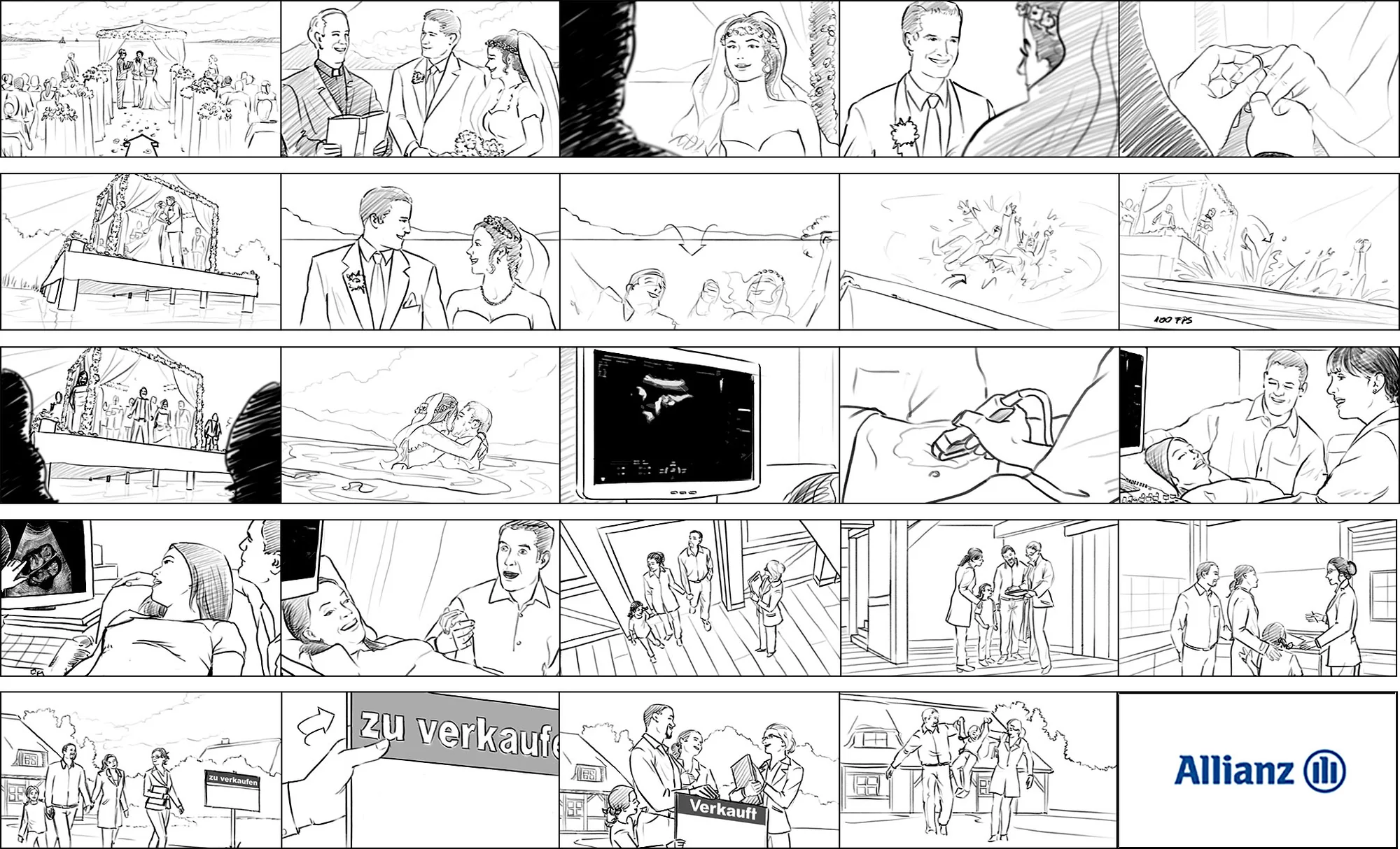 Rough pencil storyboard frames &mdash; Allianz brand film