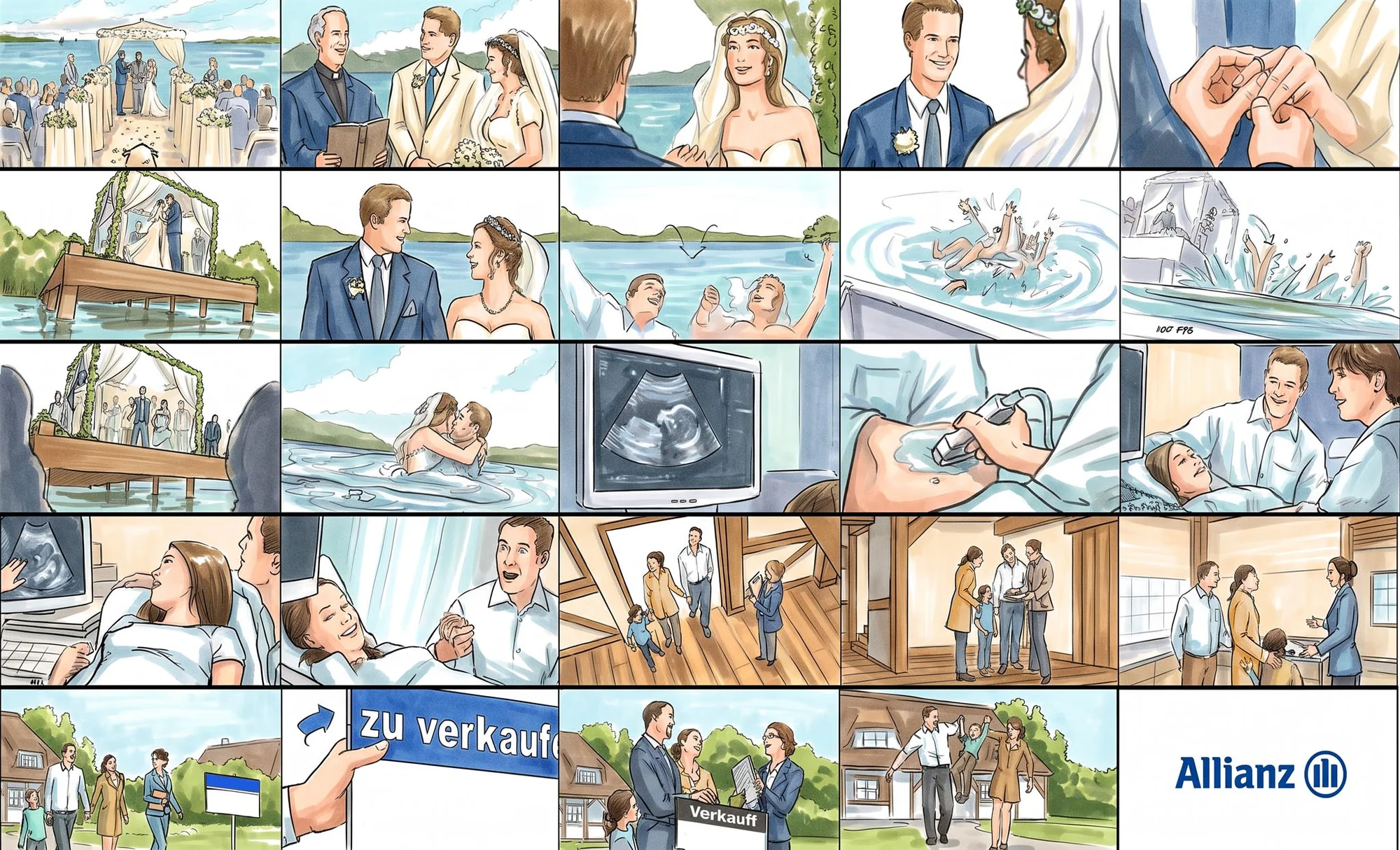 Stylised colour marker storyboard frames &mdash; Allianz brand film