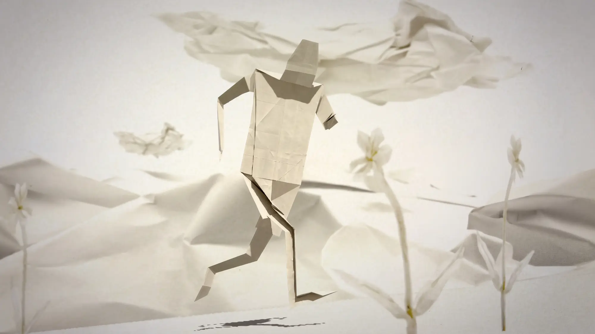 Paper runner in mid-stride — angular folded figure against crumpled paper landscape with paper flowers
