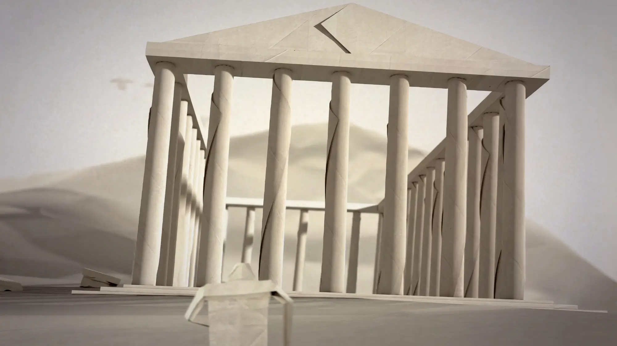 Paper temple colonnade — folded paper columns and pediment seen in perspective, paper dunes behind