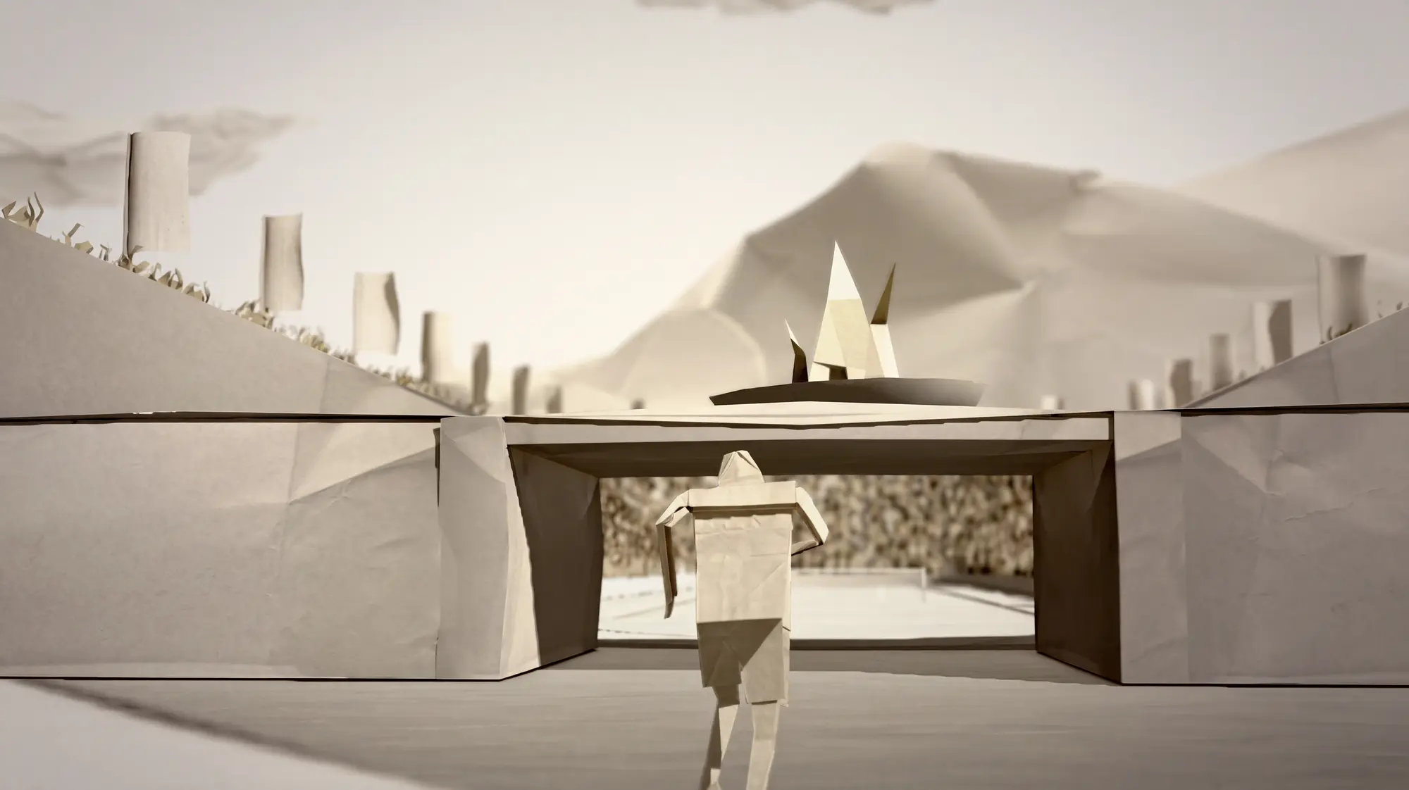 Paper athlete approaching a stadium tunnel — origami figure seen from behind, paper city and mountains in distance