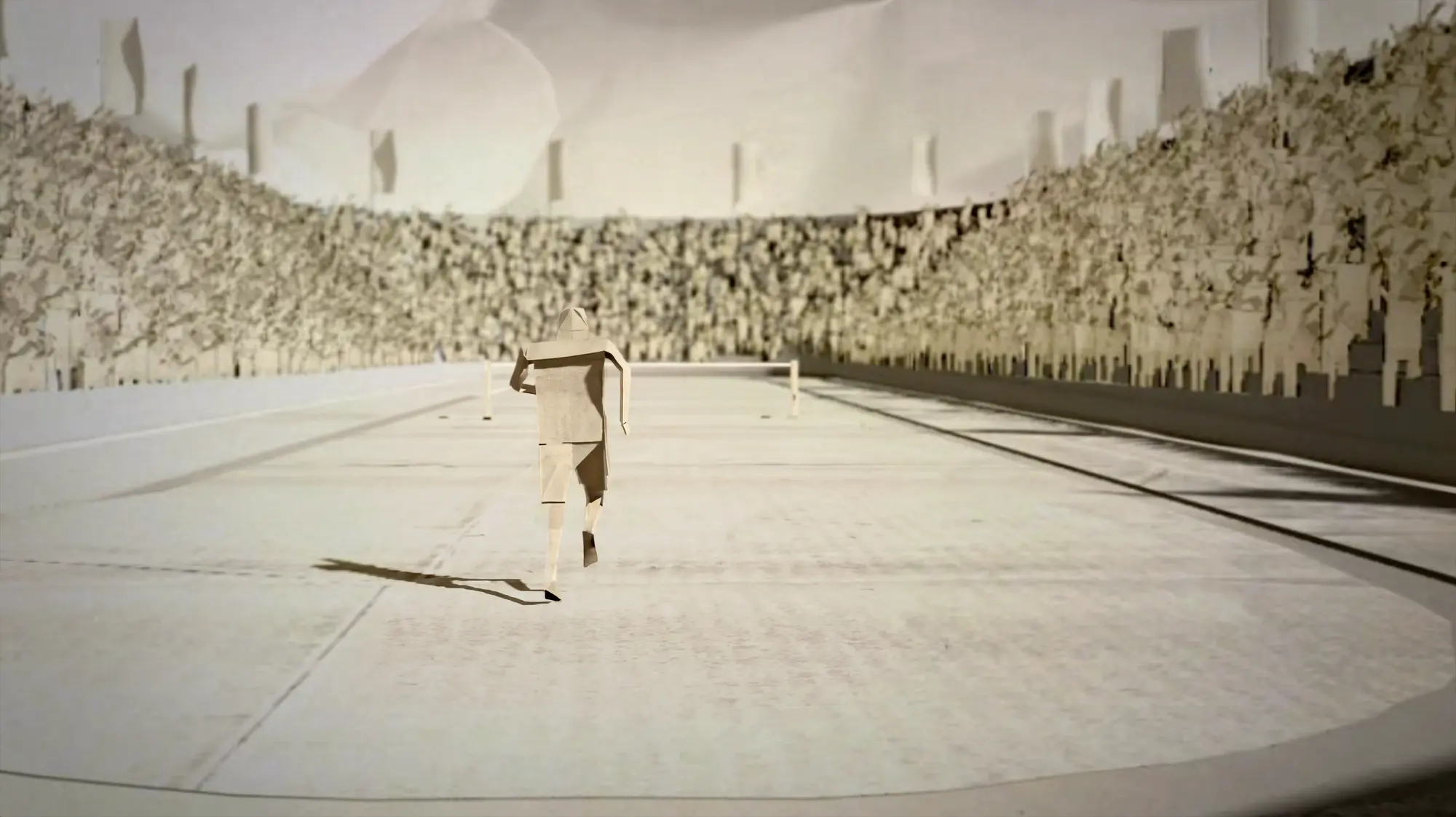 Paper athlete on a stadium track — folded figure from behind, densely folded paper crowd filling the stands