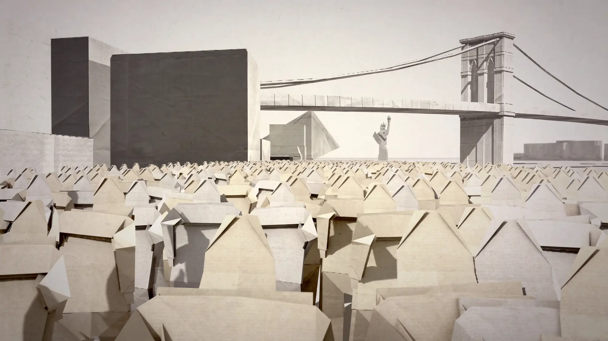 Paper New York cityscape — Brooklyn Bridge and Statue of Liberty with a sea of folded paper houses in the foreground
