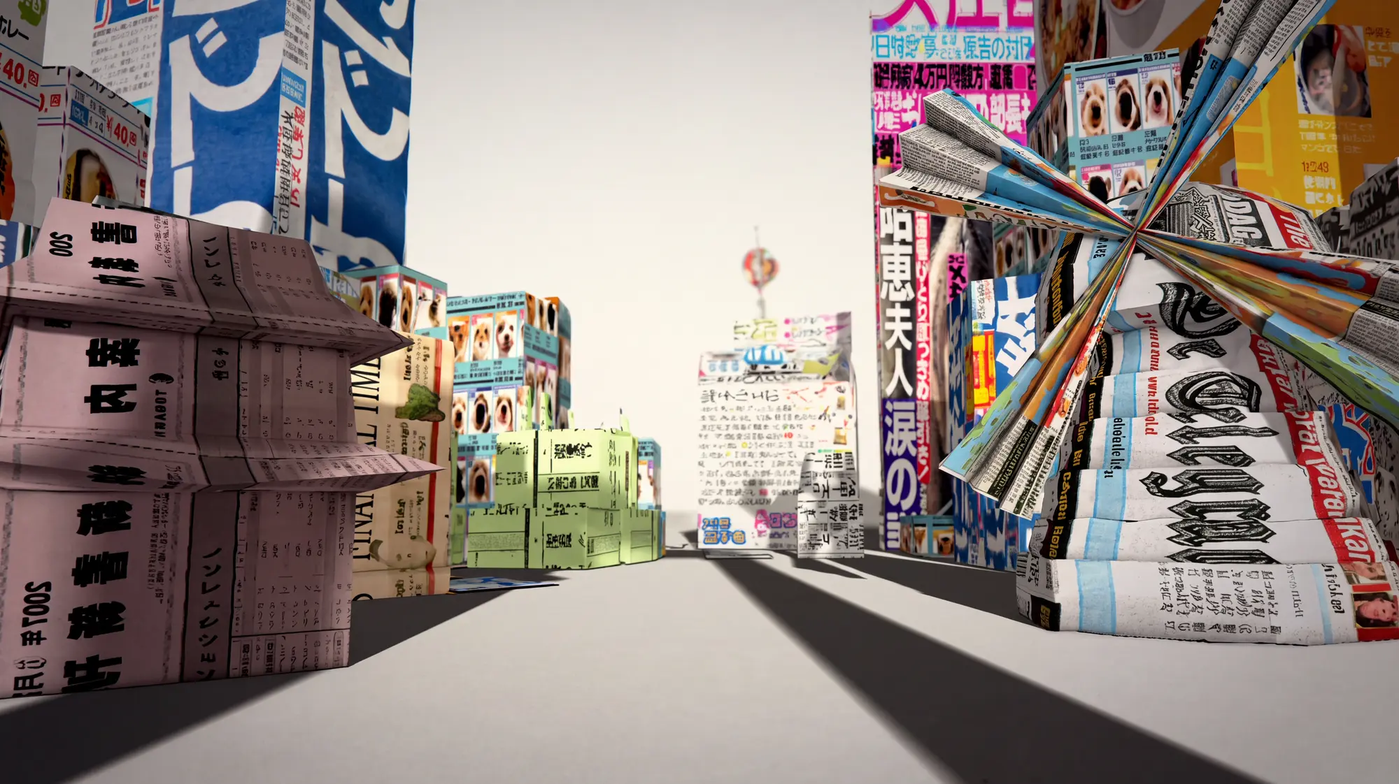 Tokyo paper city — street-level view through colourful Japanese newspaper and magazine buildings folded into origami towers