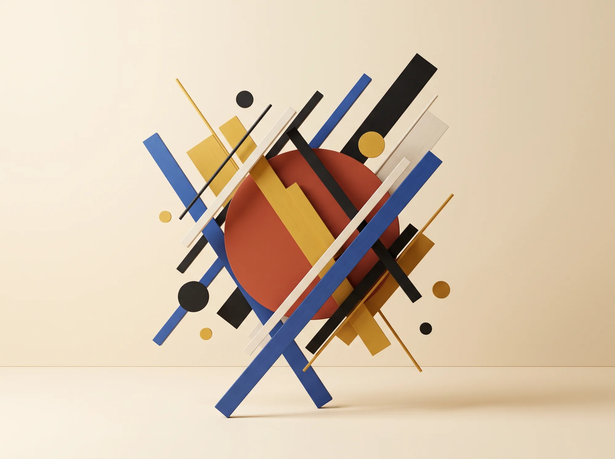 Constructivist arrangement of painted wooden bars, discs and a red circle leaning against a beige wall