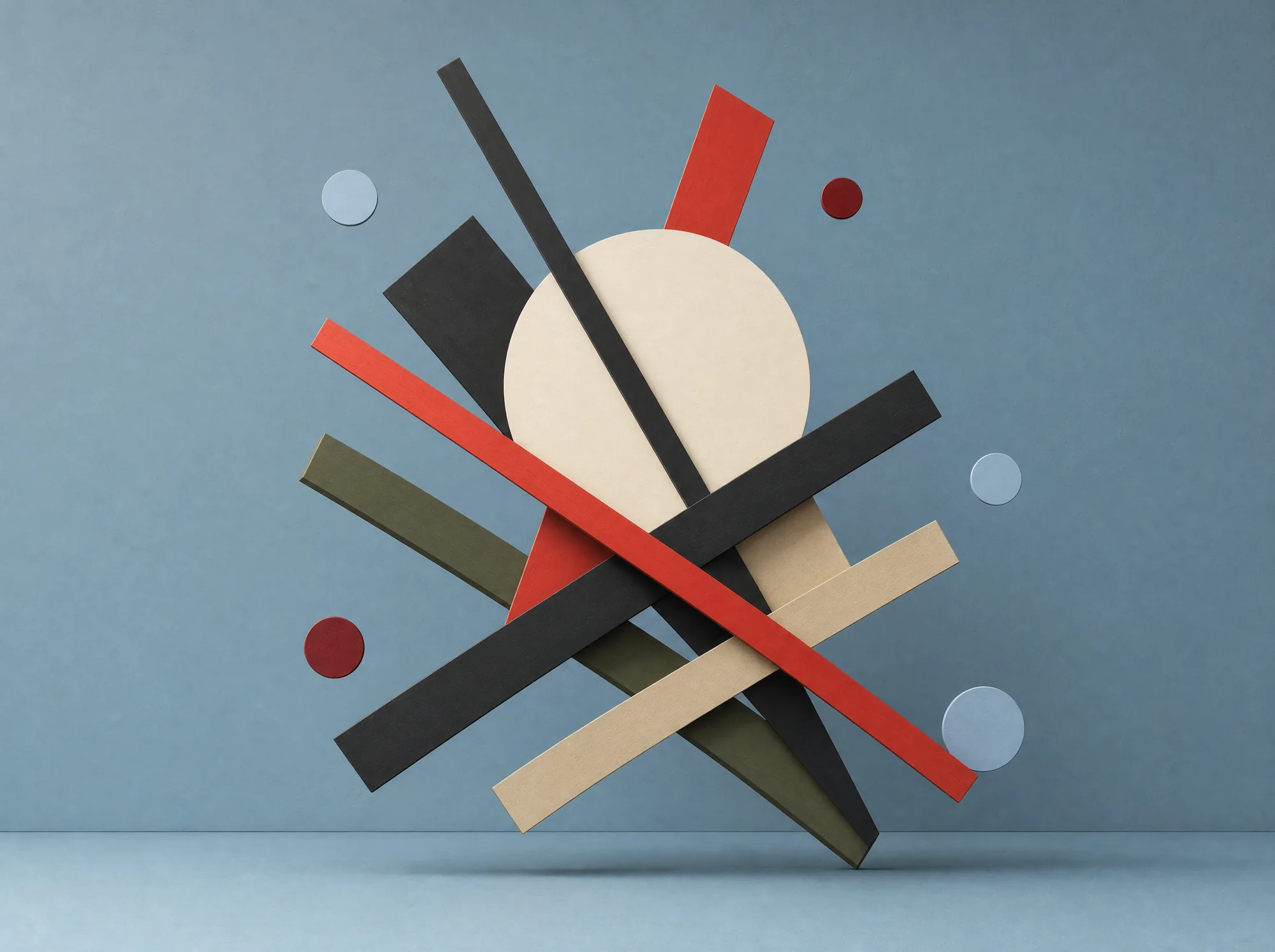 Leaning composition of red, black, olive and cream bars over a cream circle on blue-grey