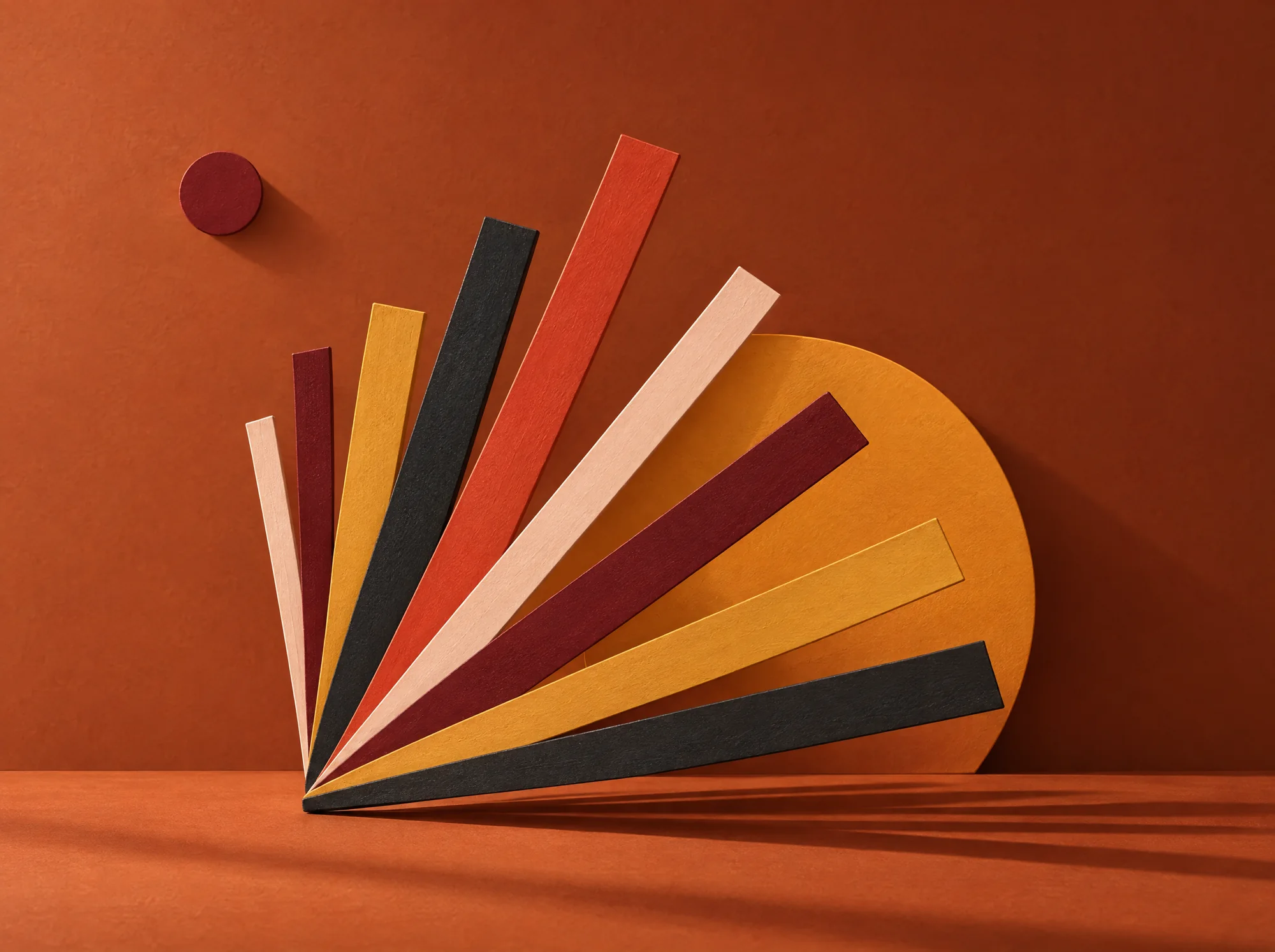 Fan of painted bars in rust, black, ochre and cream over a yellow half-disc on a terracotta wall