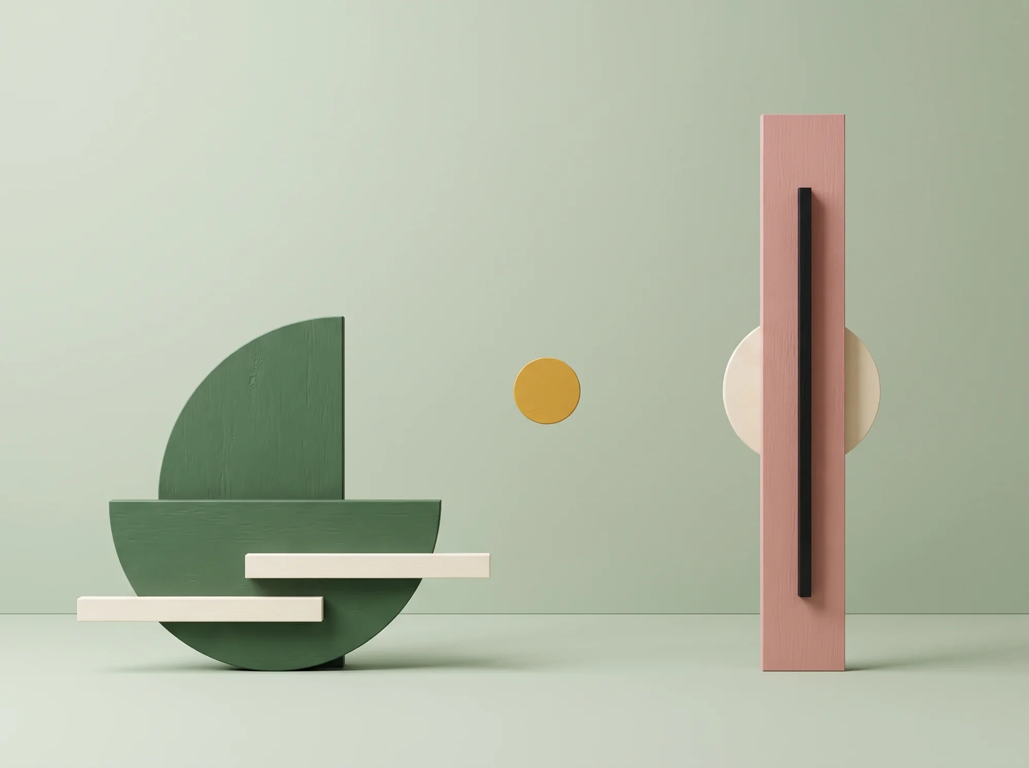 Sage green set — dark green quarter-discs with cream bars, a yellow dot and a pink upright with a black line