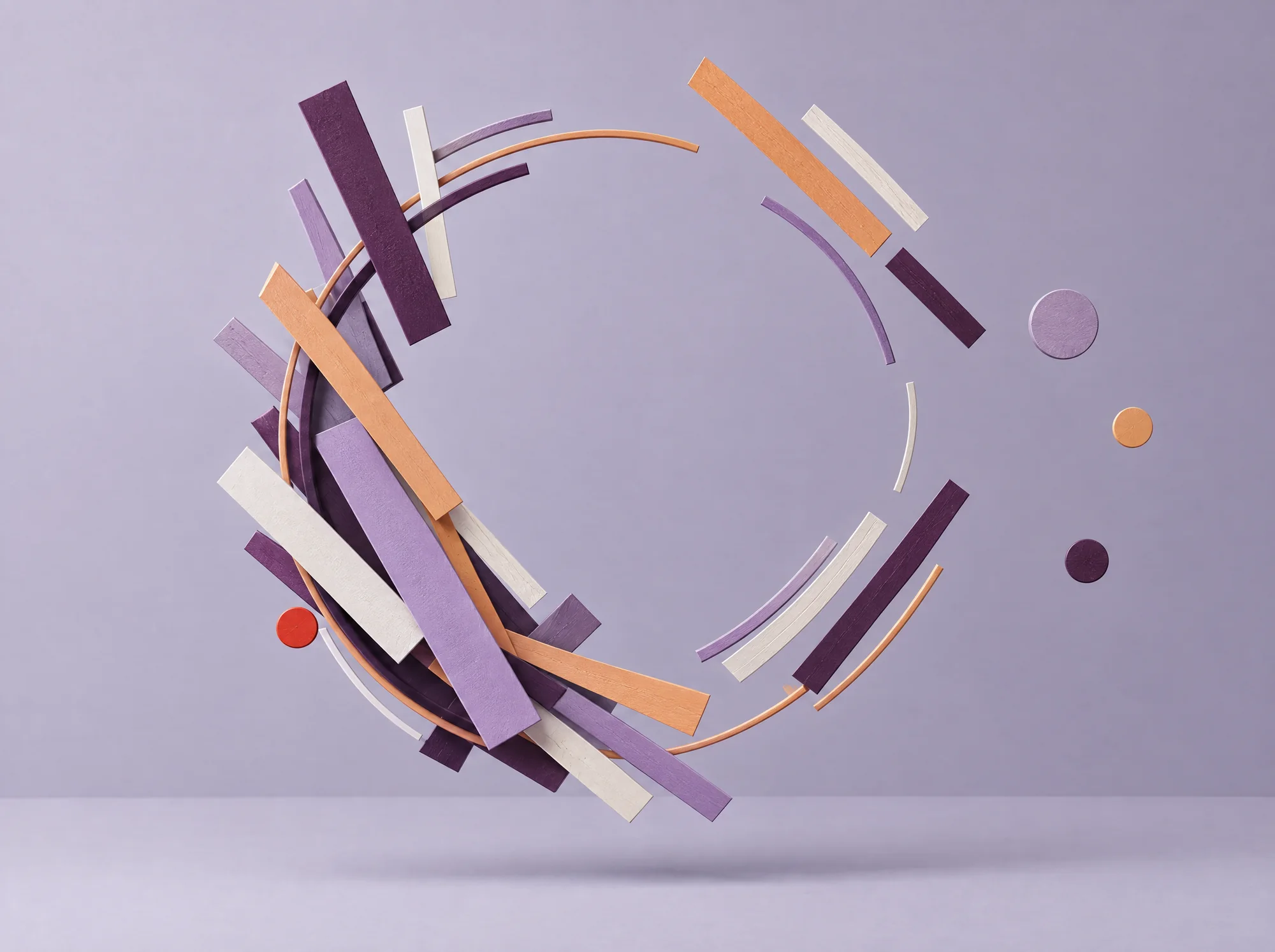 Ring of purple, lilac, cream and orange bars and arcs on a lavender backdrop