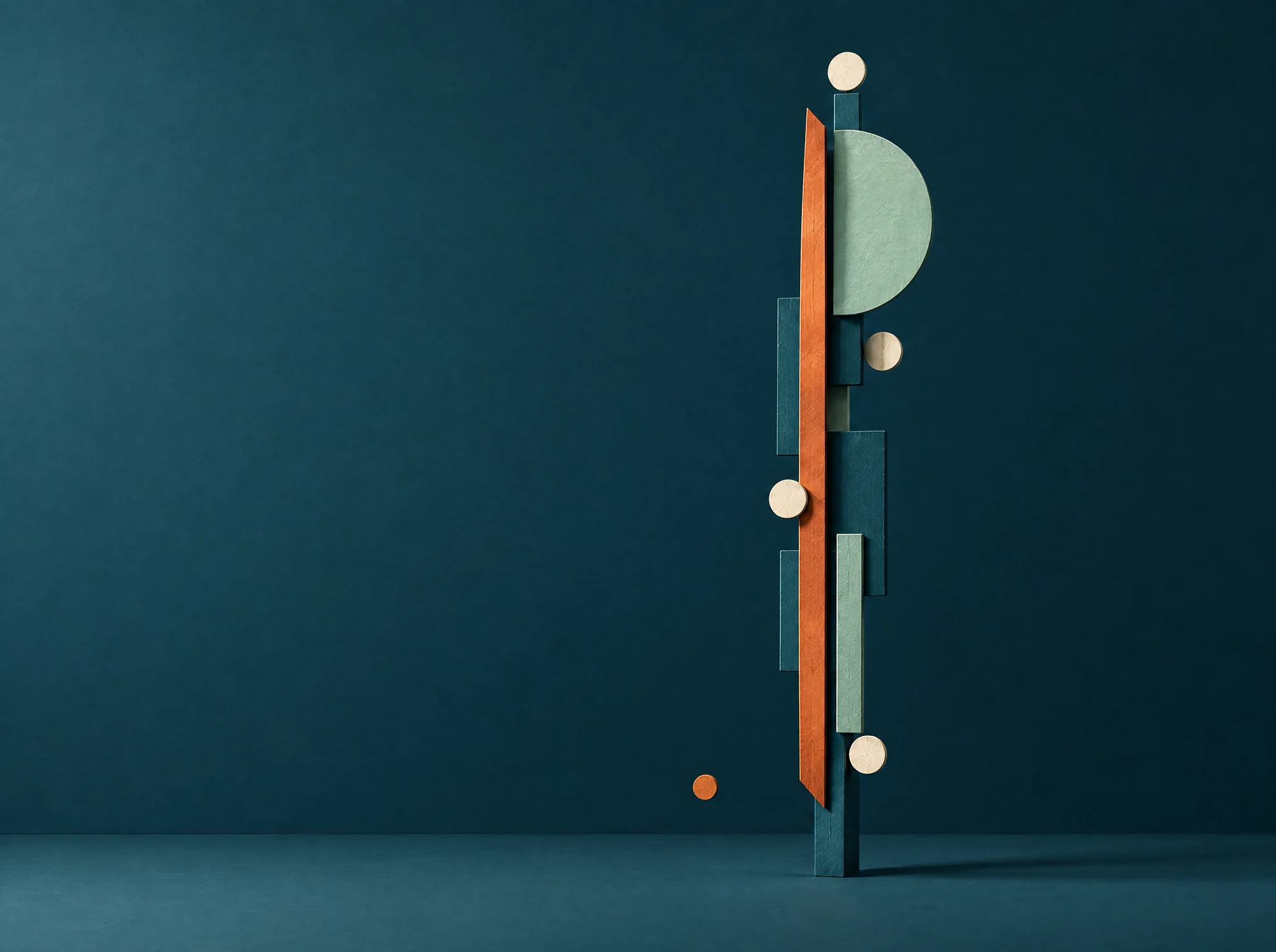 Vertical teal totem — dark blue blocks, an orange blade, a mint half-disc and cream dots on petrol