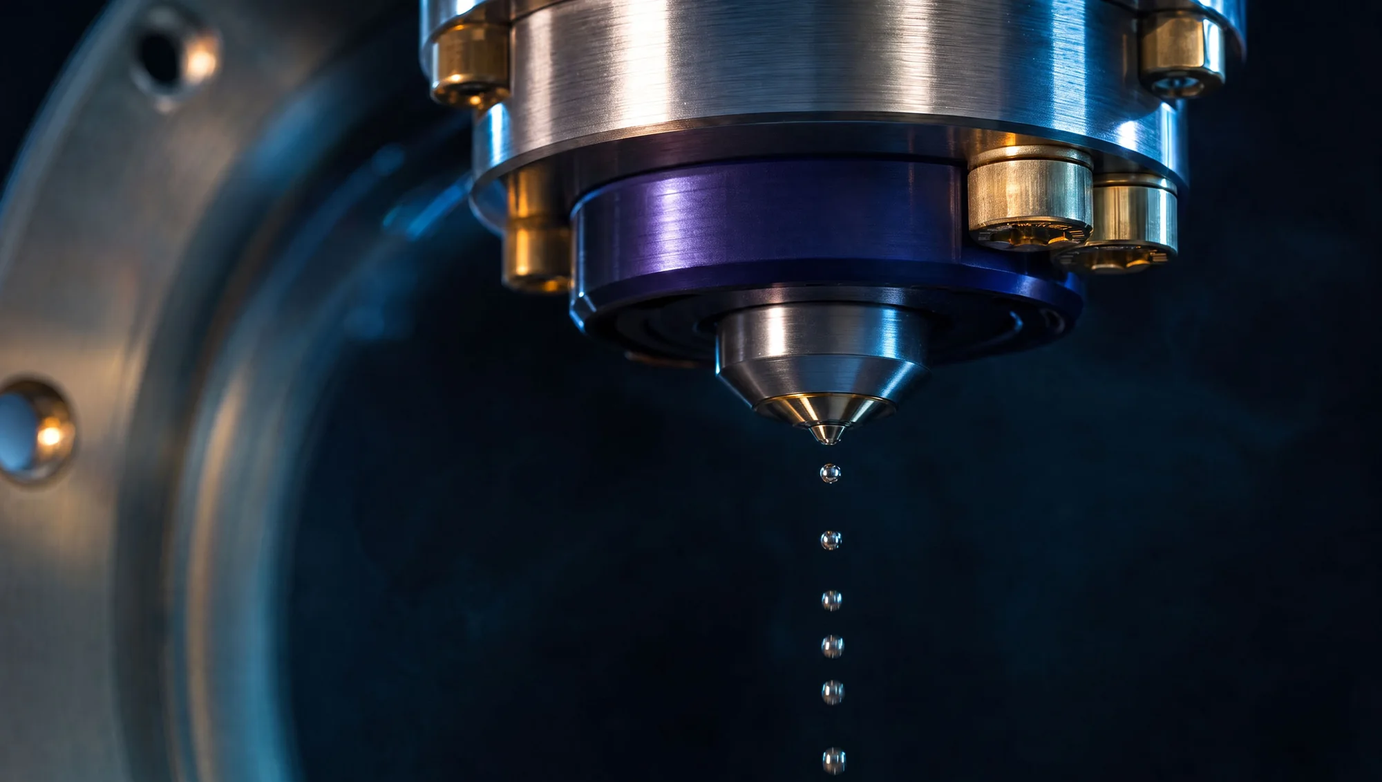 Tin droplet source nozzle releasing a falling chain of molten metal droplets, purple and gold housing