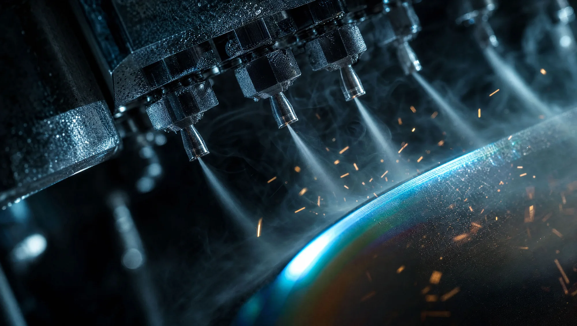 Cooling jets misting a glowing curved metal edge, sparks flying through the vapour