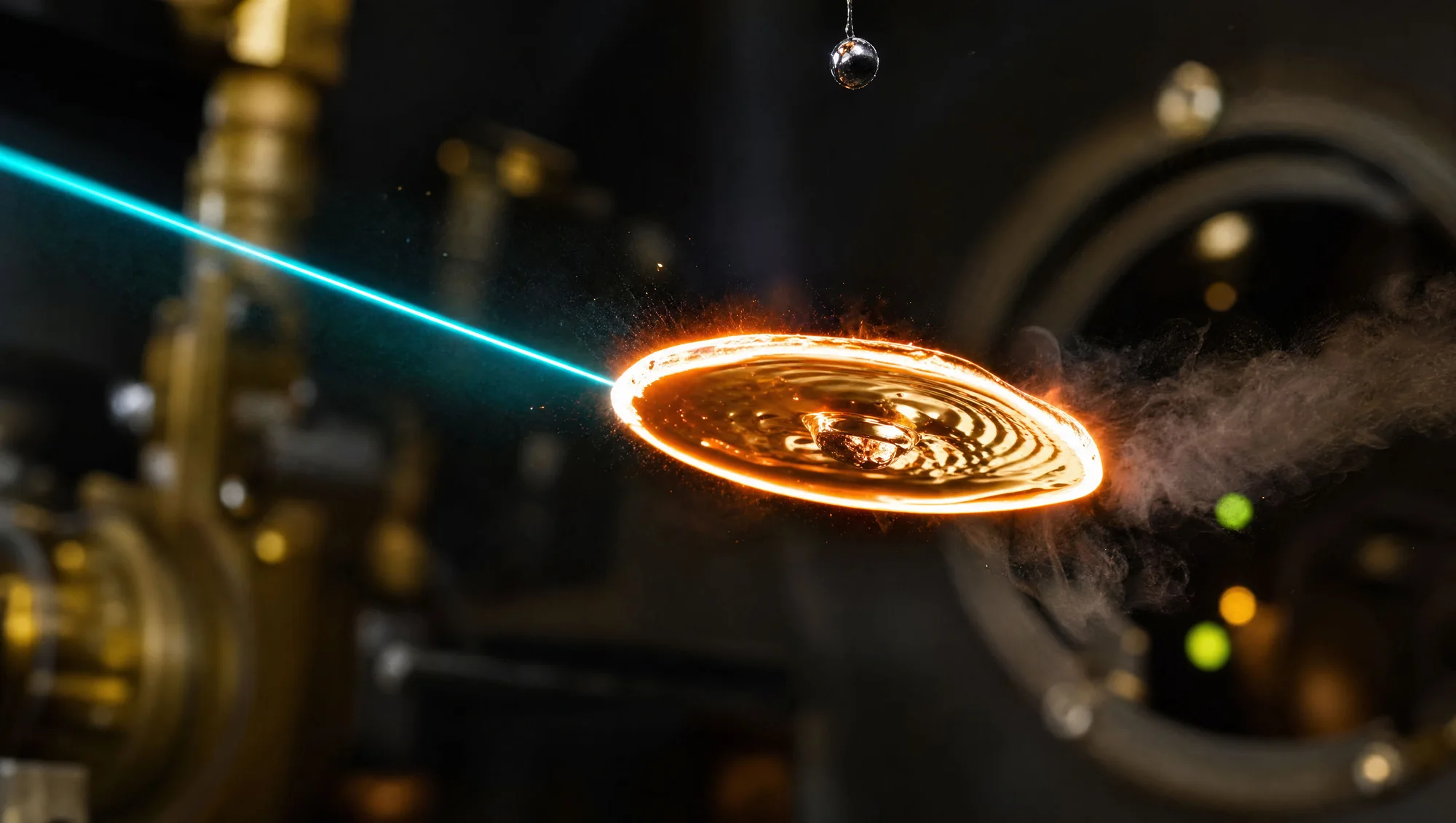 A laser striking a falling tin droplet, flattening it into a glowing plasma disc that emits EUV light
