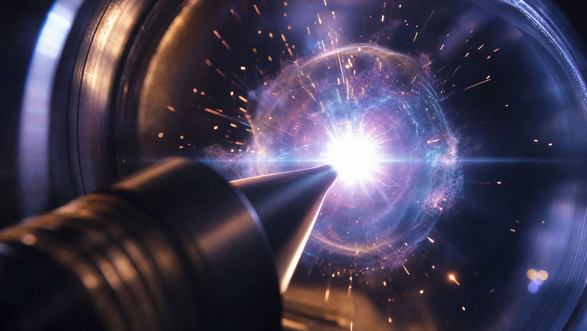 Close-up of the plasma ignition — a bright burst of light and sparks erupting where the laser meets the droplet, inside the vacuum chamber