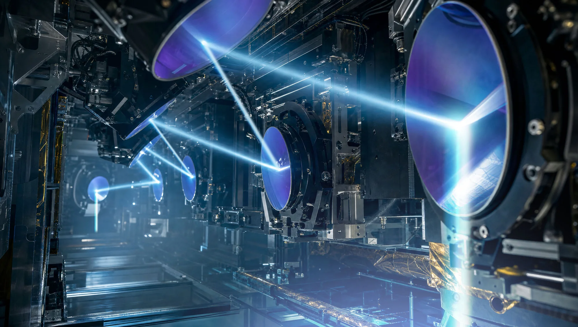 Interior of the optics chamber, a laser beam bouncing between a chain of large curved mirrors