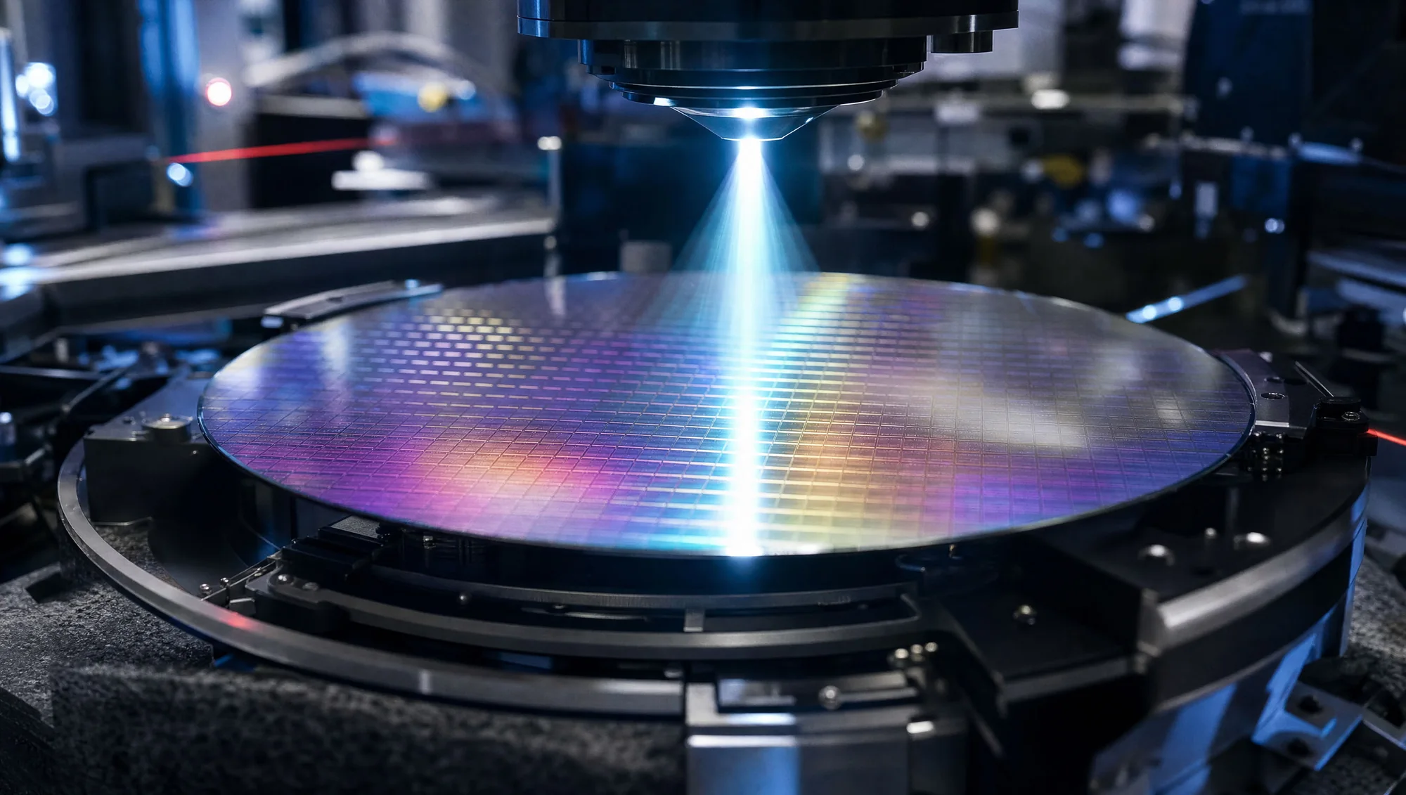 A silicon wafer under a cone of light on the scanner stage, chip dies reflecting in rainbow colours