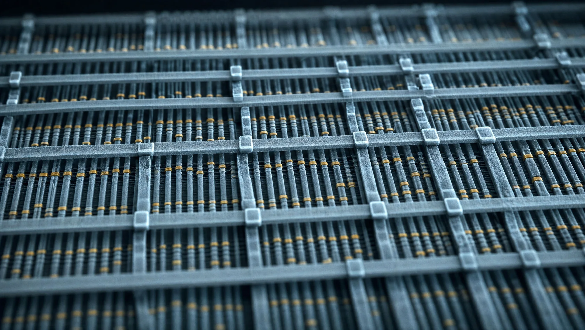 Microscopic view of chip interconnects, rows of metal contacts with gold solder points