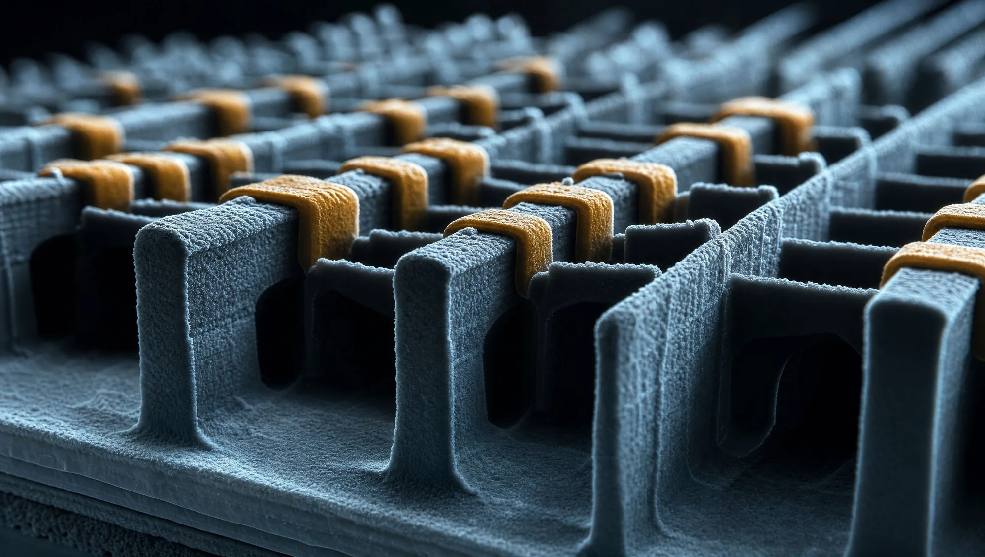 Close-up of etched chip structures, grey trenches with gold-capped contact points