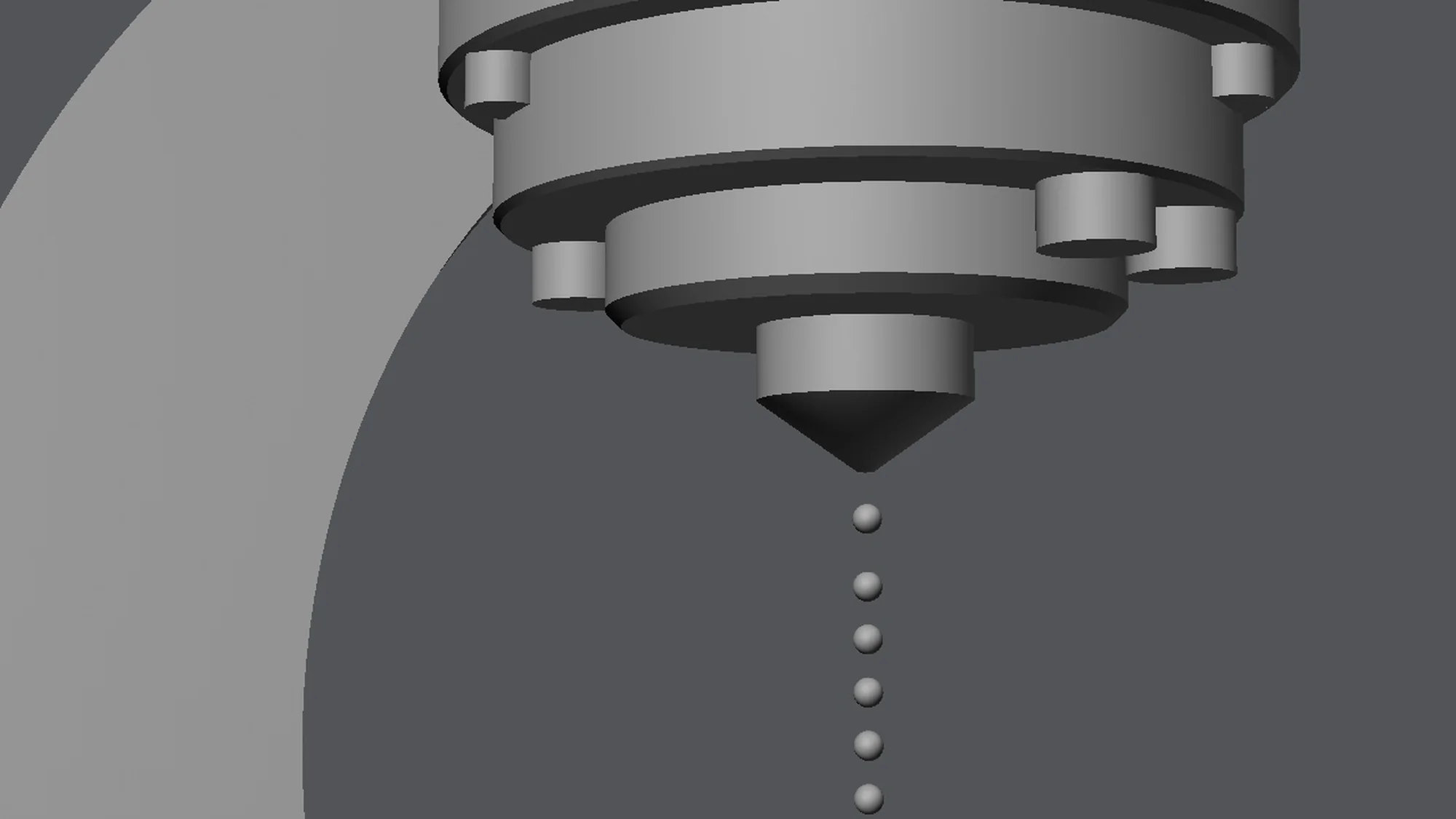 Untextured grey-clay 3D model of the droplet source nozzle, built in Cinema 4D before AI refinement