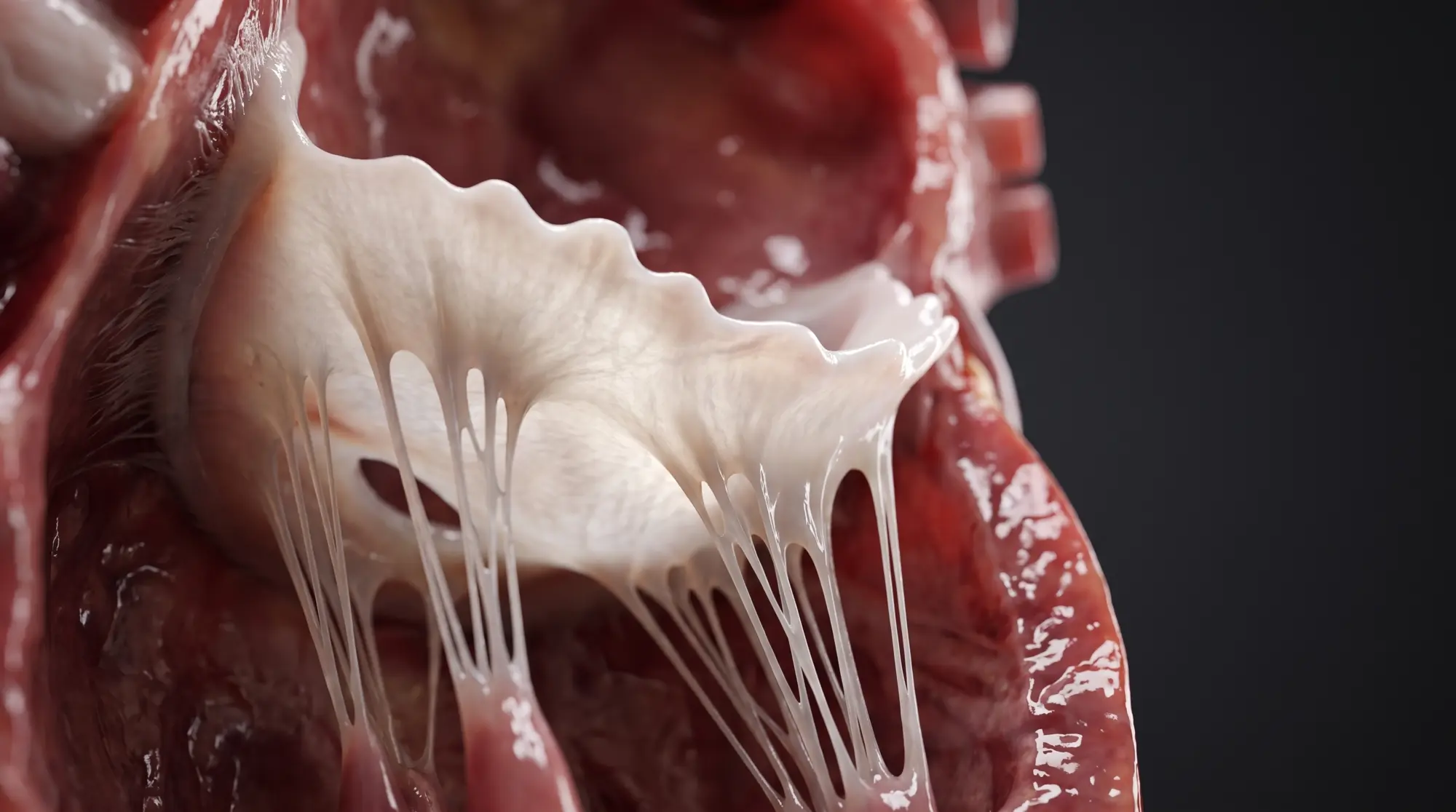 Close-up of a heart valve leaflet held by its chordae tendineae